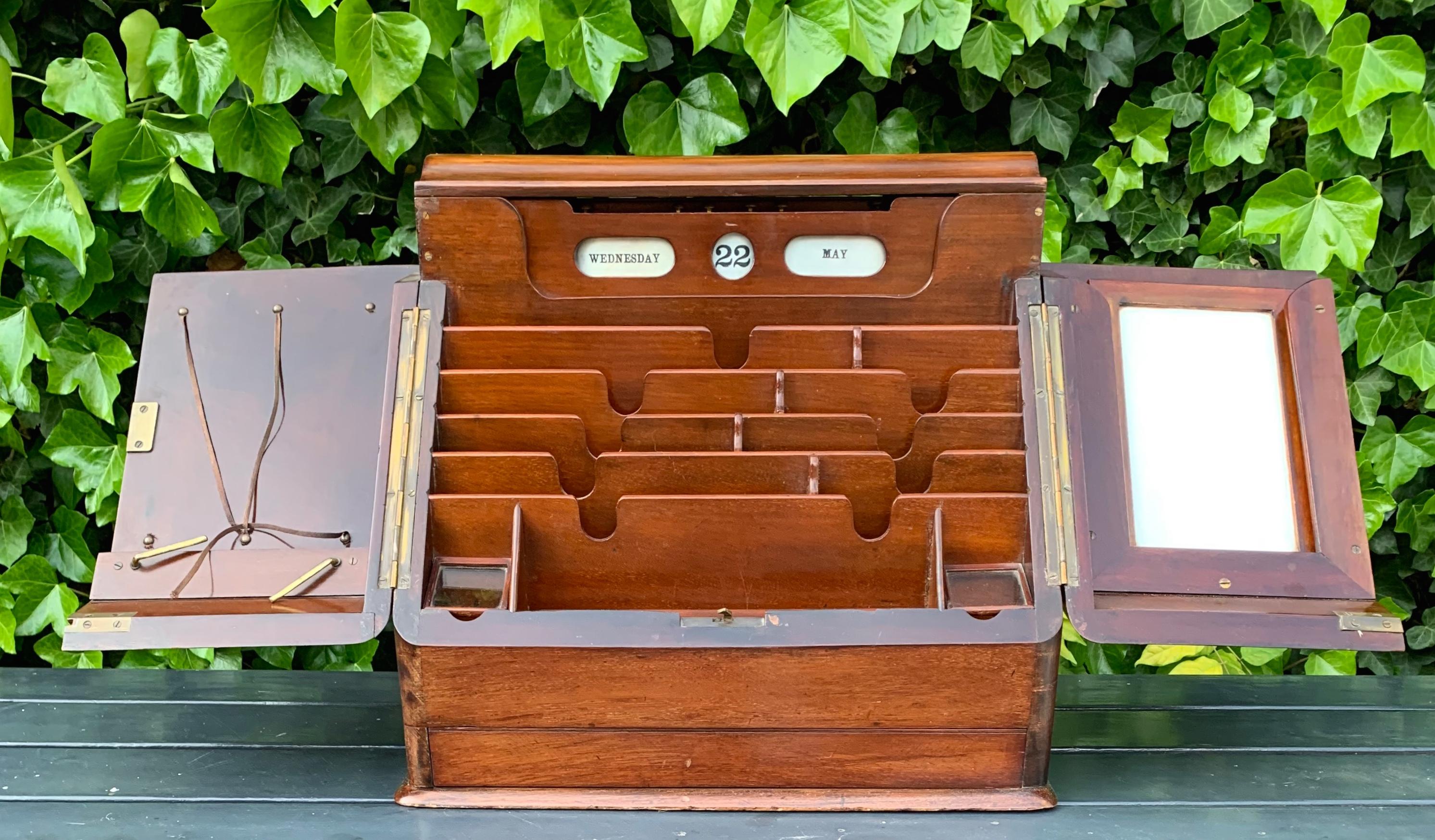 Antique Victorian Mahogany Stationary Box w. Perpetual Calendar, Bramah Improved For Sale 12