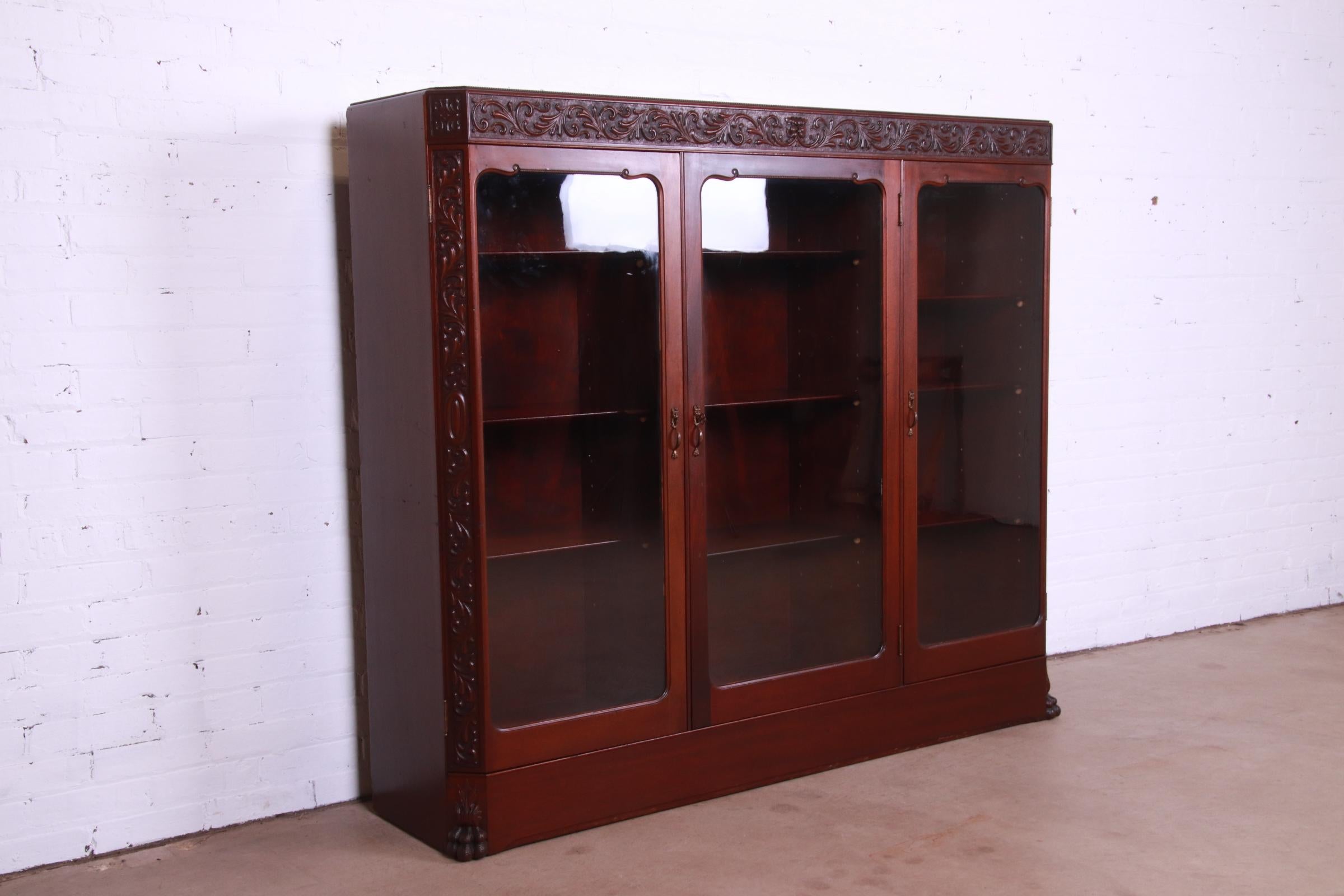 Brass Antique Victorian Mahogany Triple Bookcase with Old Man of the North Carving