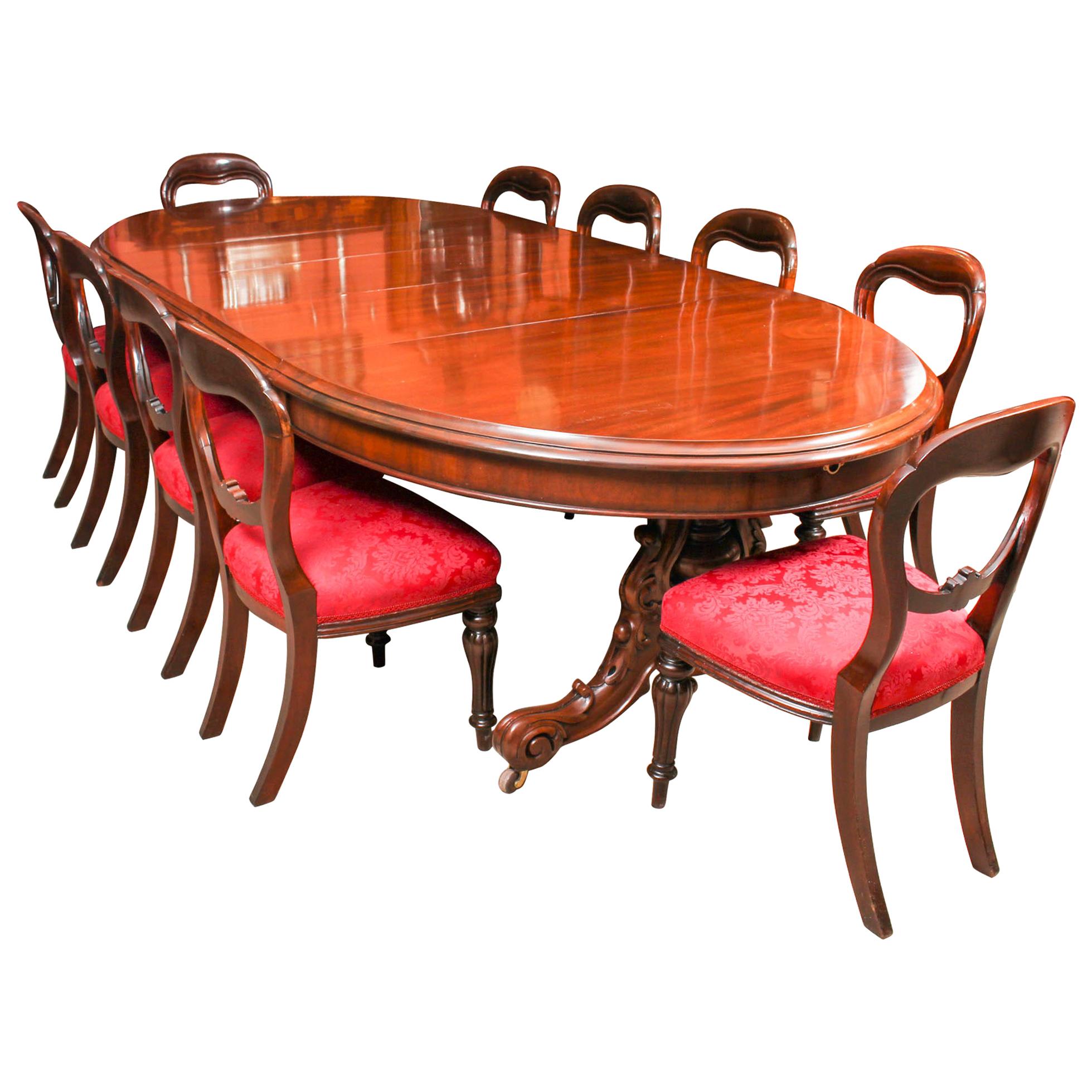Antique Victorian Mahogany Twin Base Dining Table & 10 Chairs 19th Century