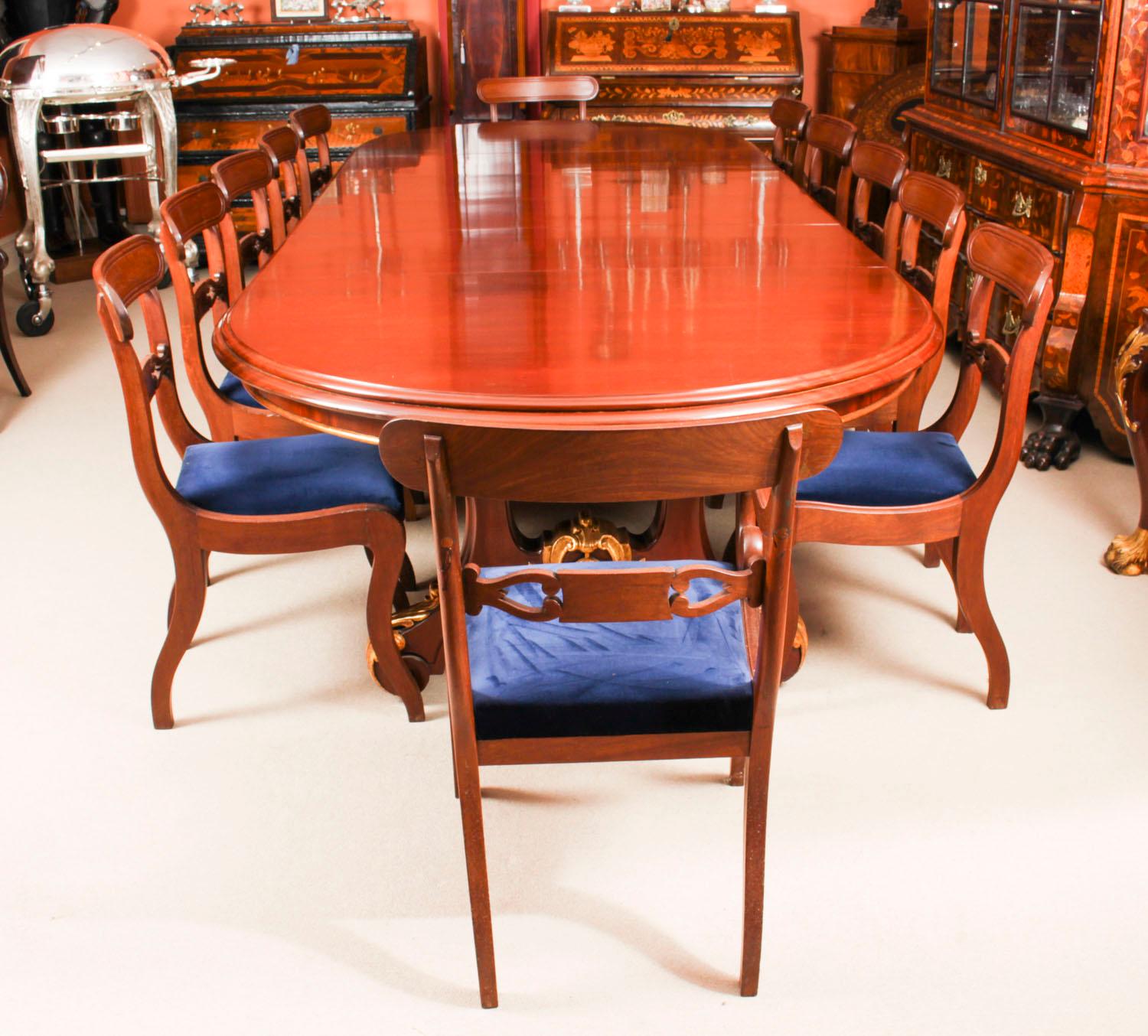 English Antique Victorian Mahogany Twin Base Dining Table & 12 Chairs, 19th Century