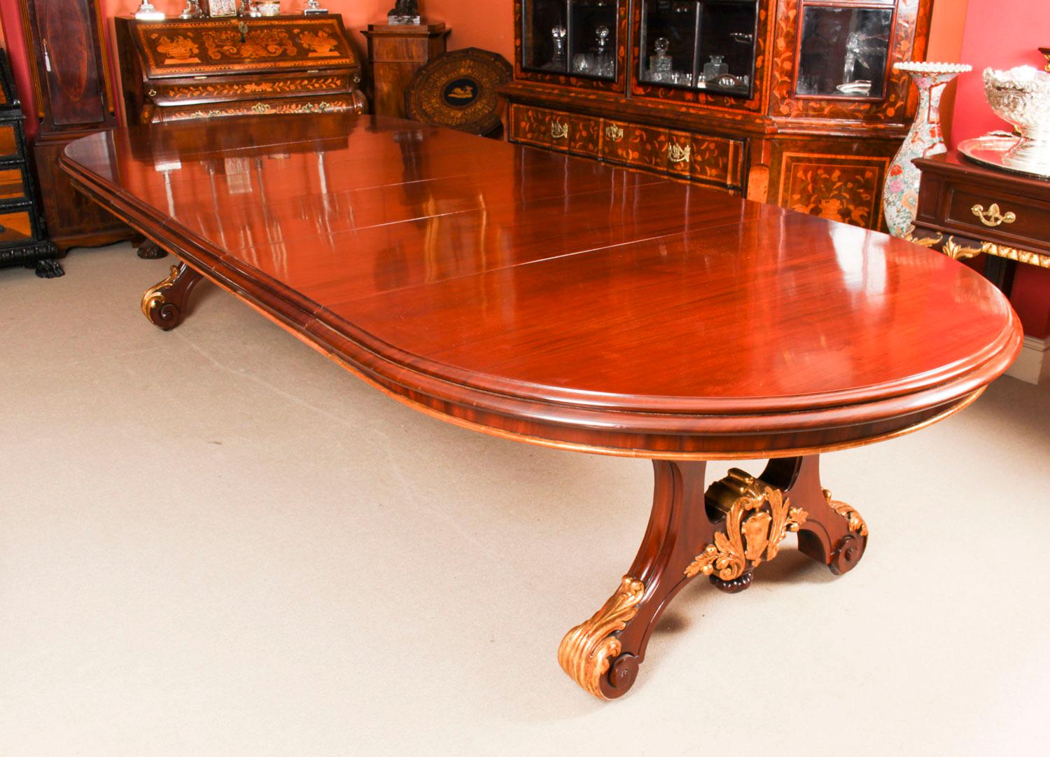 British Antique Victorian Mahogany Twin Base Dining Table & 12 Chairs, 19th Century