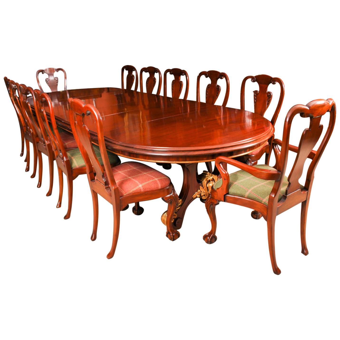 Antique Victorian Mahogany Twin Base Dining Table & 12 Chairs, 19th Century