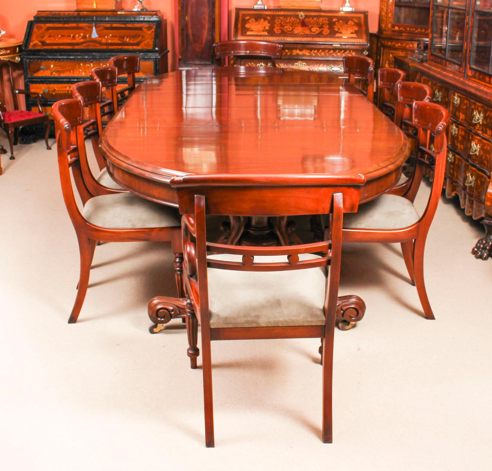 A fantastic antique Victorian dining set comprising an antique Victorian mahogany twin pedestal base dining table circa 1865 in date and a set of ten bespoke dining chairs.
 
The oval shaped table is made from solid mahogany and has three leaves