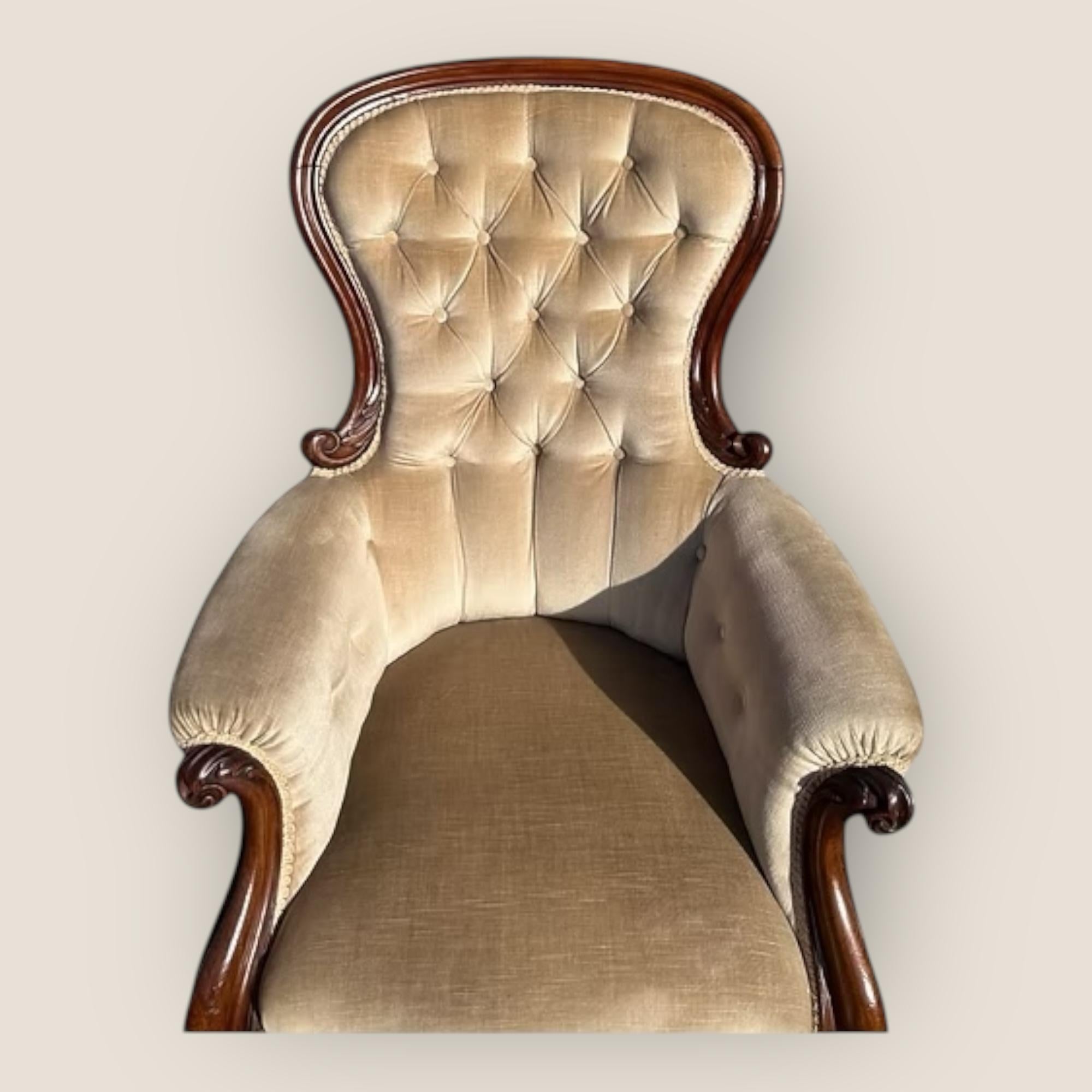 Britannique Fauteuil victorien ancien en acajou avec dossier tapissé et pieds cabrioles en vente