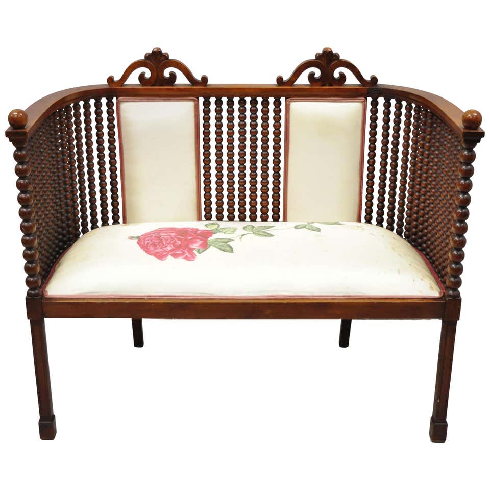Antique Victorian Mahogany Upholstered Victorian Spool Spindle Bench ...