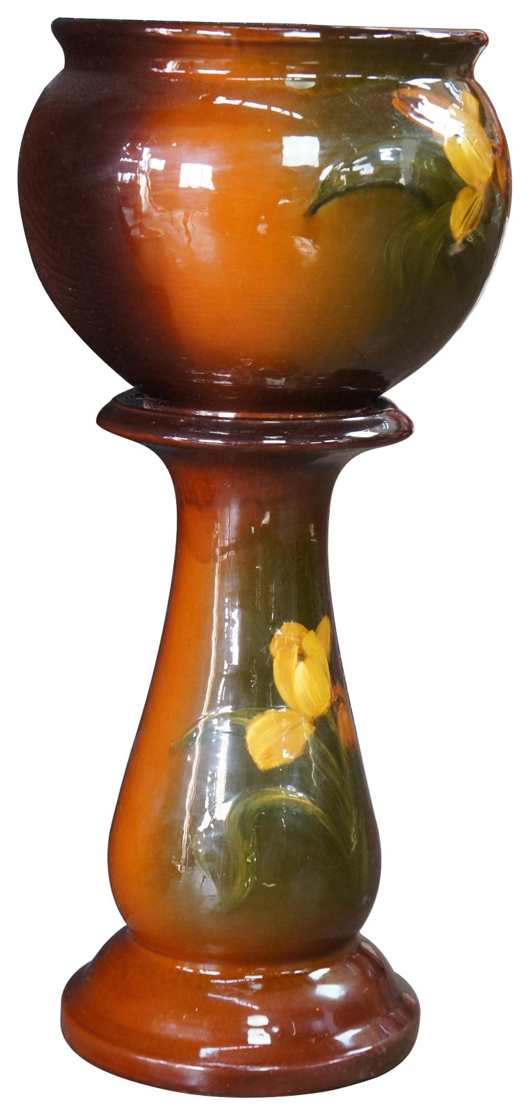 Antique Victorian Majolica Jardinière and Pedestal Planter Set Glazed