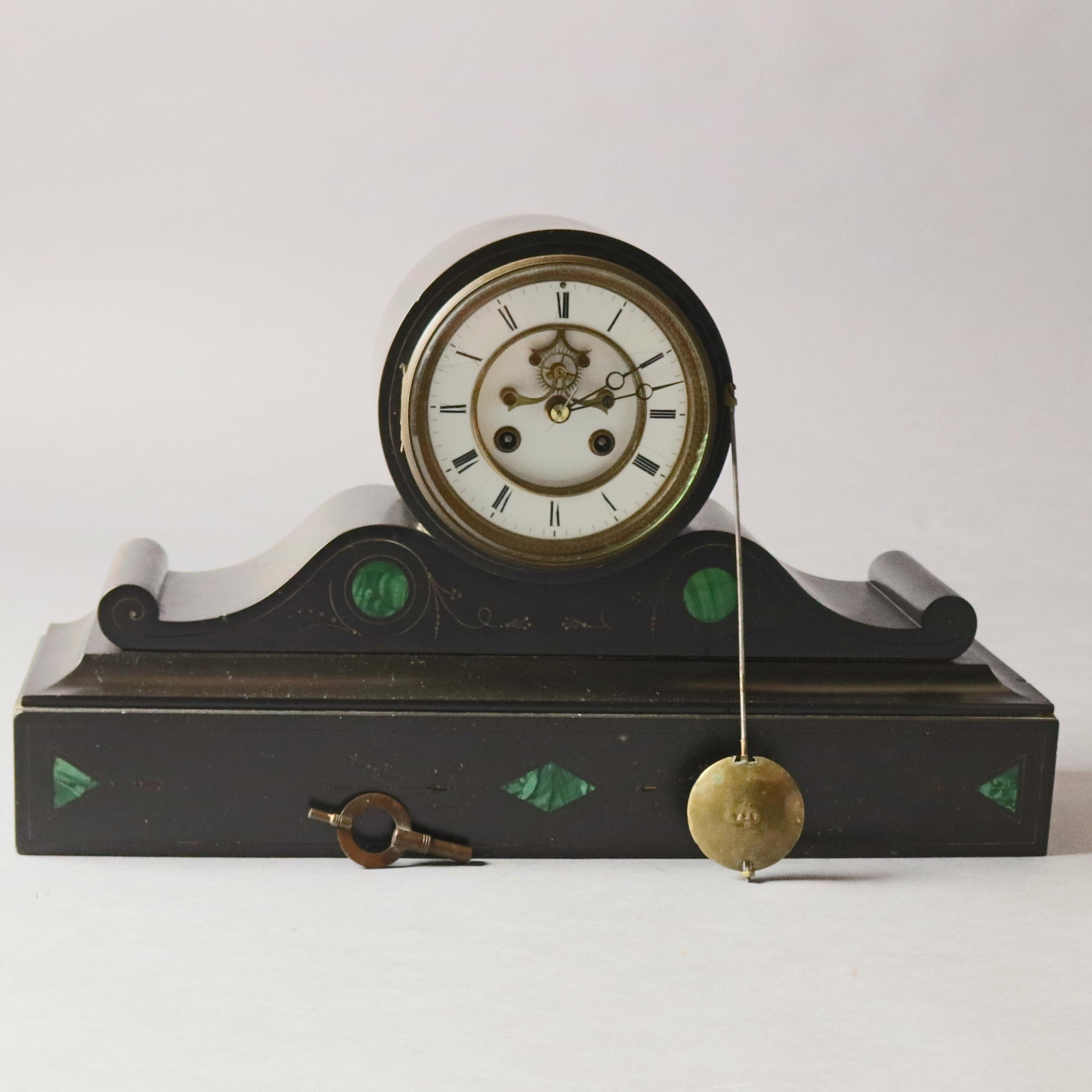 Gilt Victorian Malachite Inlaid Slate Open Escapement Mantel Clock, circa 1890
