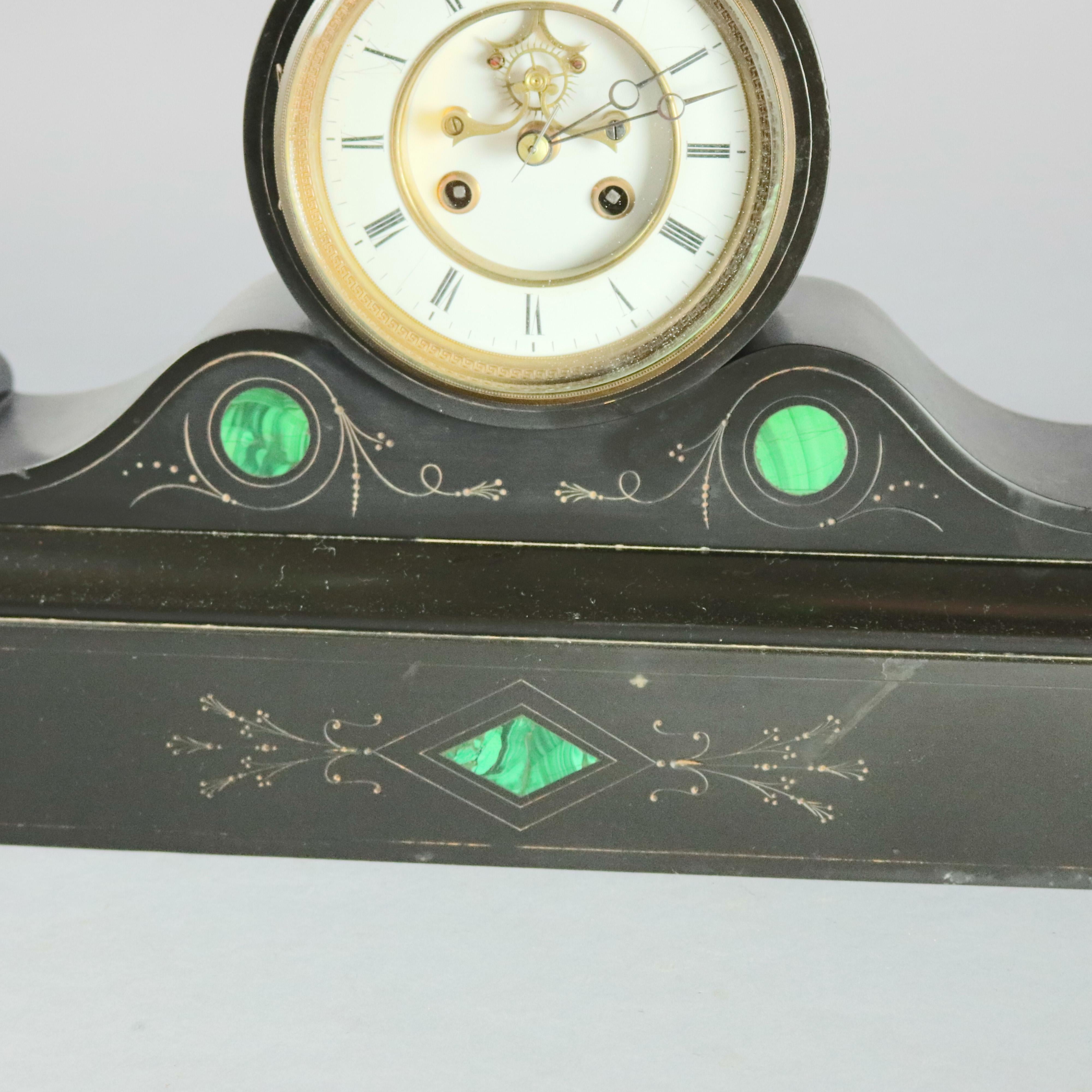 Victorian Malachite Inlaid Slate Open Escapement Mantel Clock, circa 1890 In Good Condition In Big Flats, NY