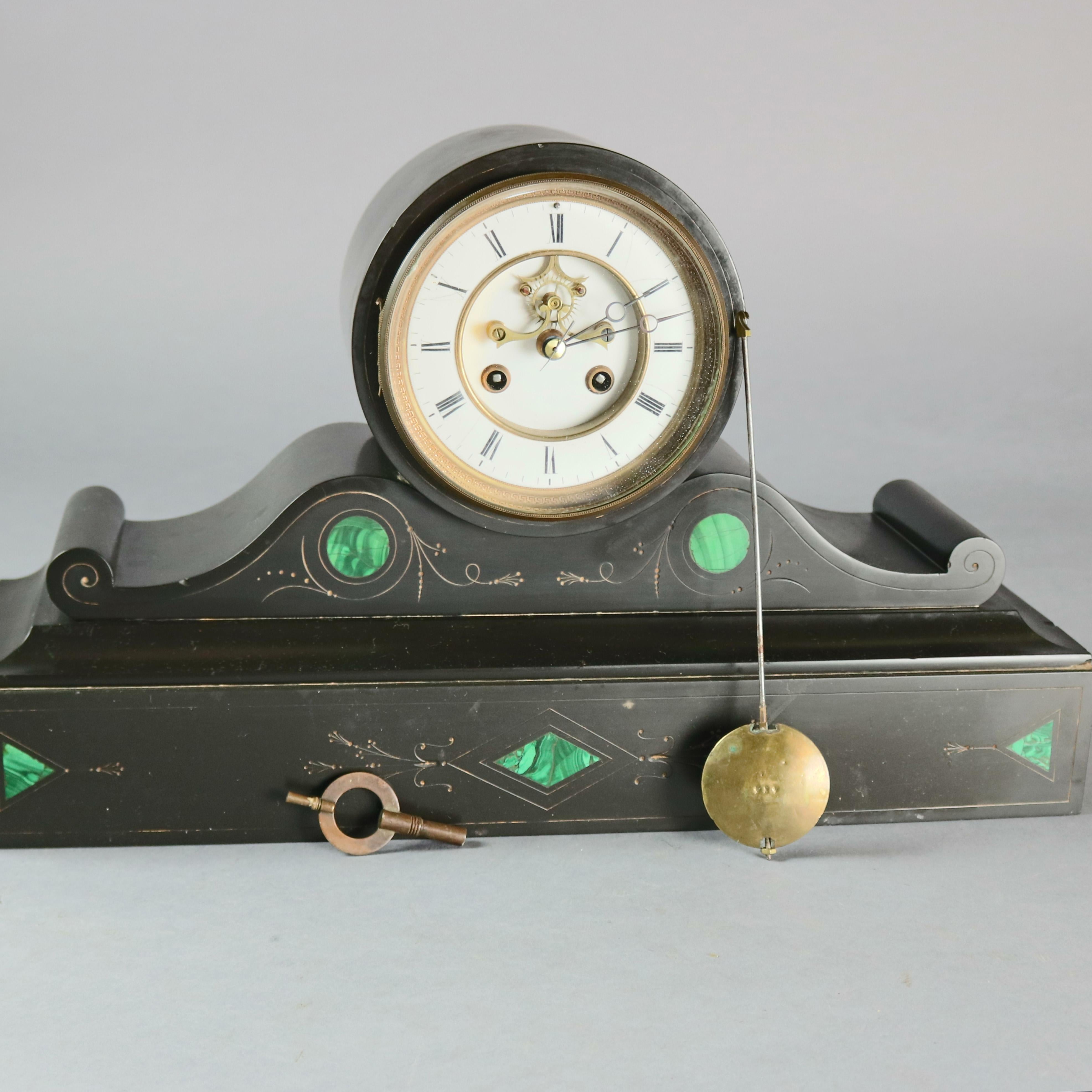 Victorian Malachite Inlaid Slate Open Escapement Mantel Clock, circa 1890 4