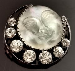 Antique Victorian Man in the Moon and paste Crescent brooch, sterling silver