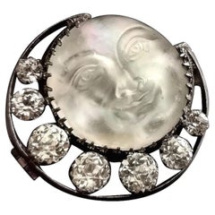 Antique Victorian Man in the Moon and paste Crescent brooch, sterling silver 