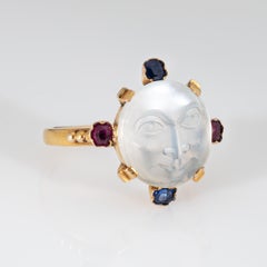 Antique Victorian Man in the Moon Moonstone Gemstone Ring 14k Yellow Gold 6.75