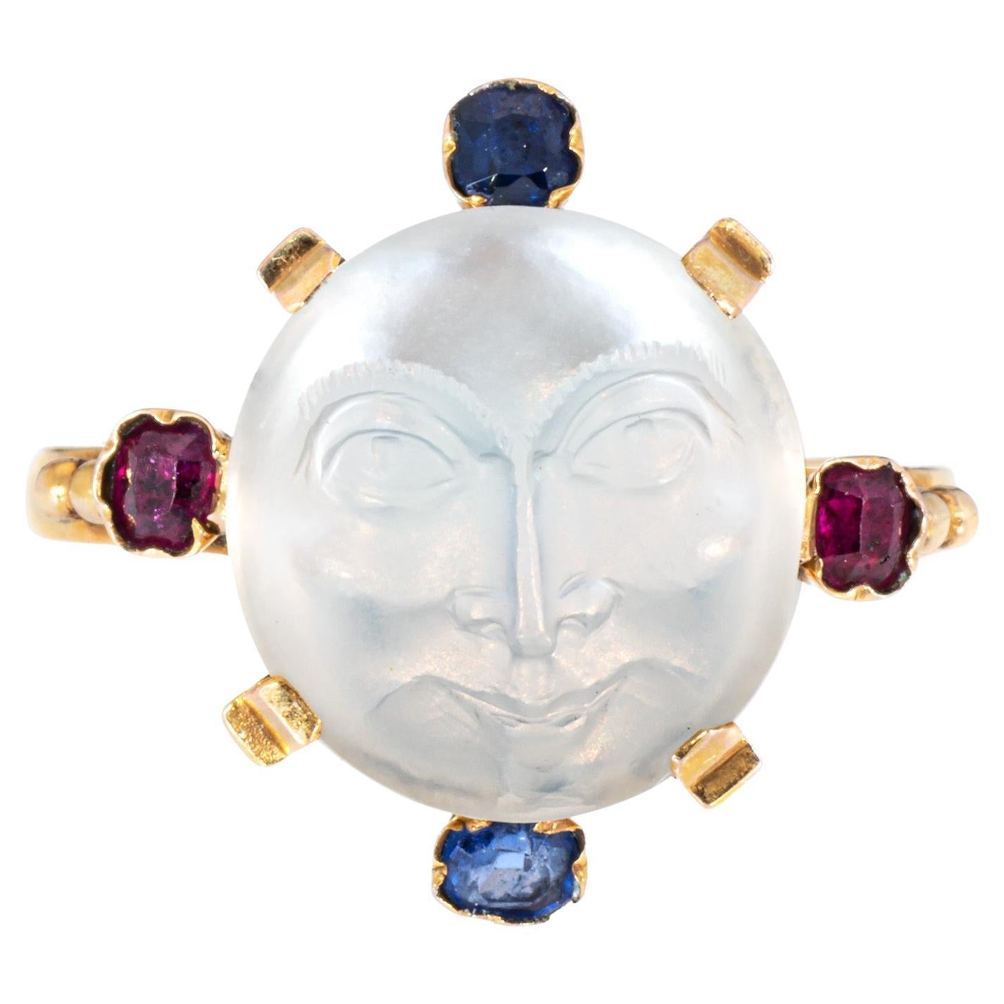 Antike viktorianische Mann im Mond Mondstein Edelstein Ring 14k Gelbgold 6,75 im Angebot
