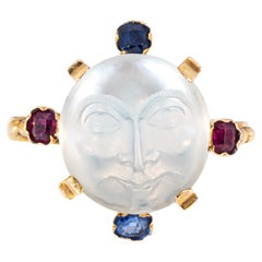 Antique Victorian Man in the Moon Moonstone Gemstone Ring 14k Yellow Gold 6.75