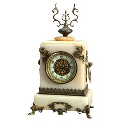 Horloge victorienne ancienne à chariot en marbre et bronze C1880
