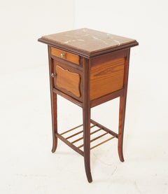 Antique Victorian Marble Top Pitch Pine Nightstand Bedside, Scotland 1880, H56