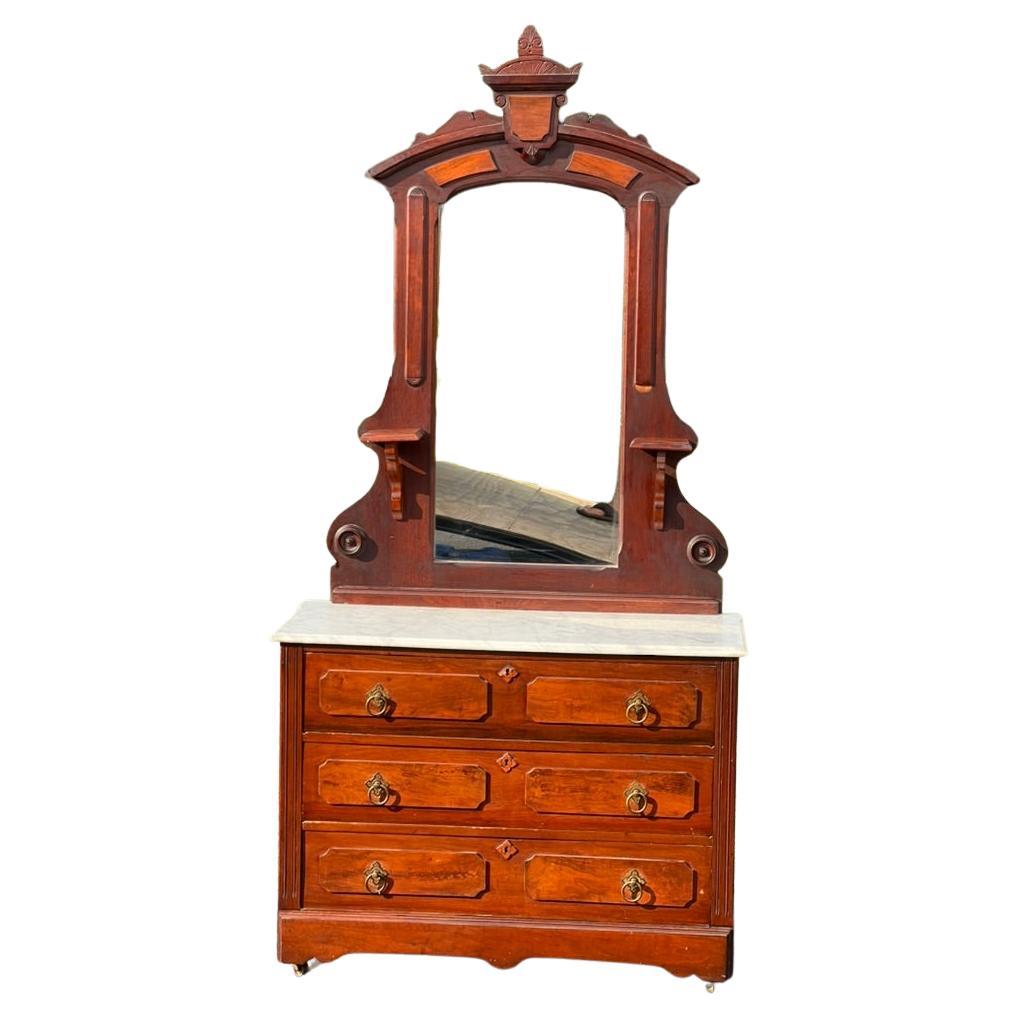 Antique Victorien Marble Top Walnut Chest with Mirror (Coffre en noyer avec miroir) en vente
