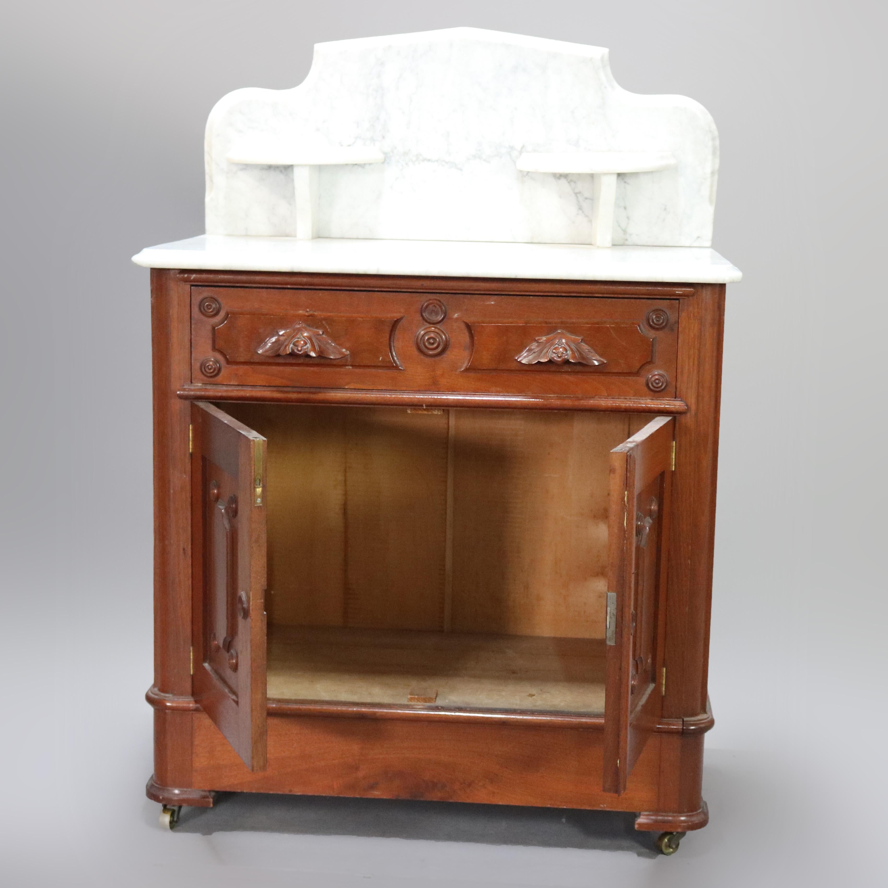 Beveled Antique Victorian Marble-Top Walnut Commode Washstand, circa 1890