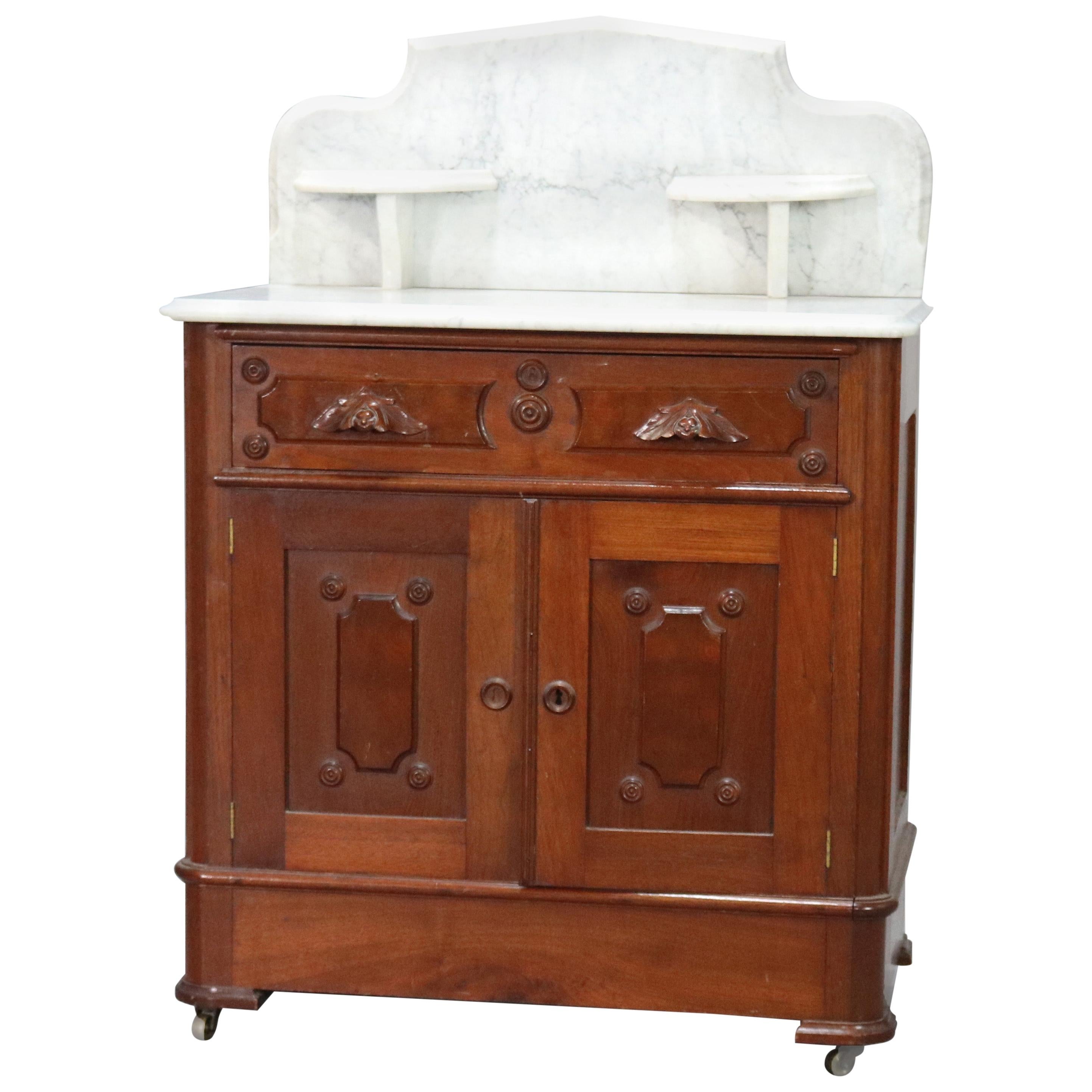 Antique Victorian Marble-Top Walnut Commode Washstand, circa 1890