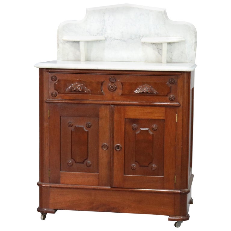 Antique Victorian MarbleTop Walnut Commode Washstand, circa 1890 For