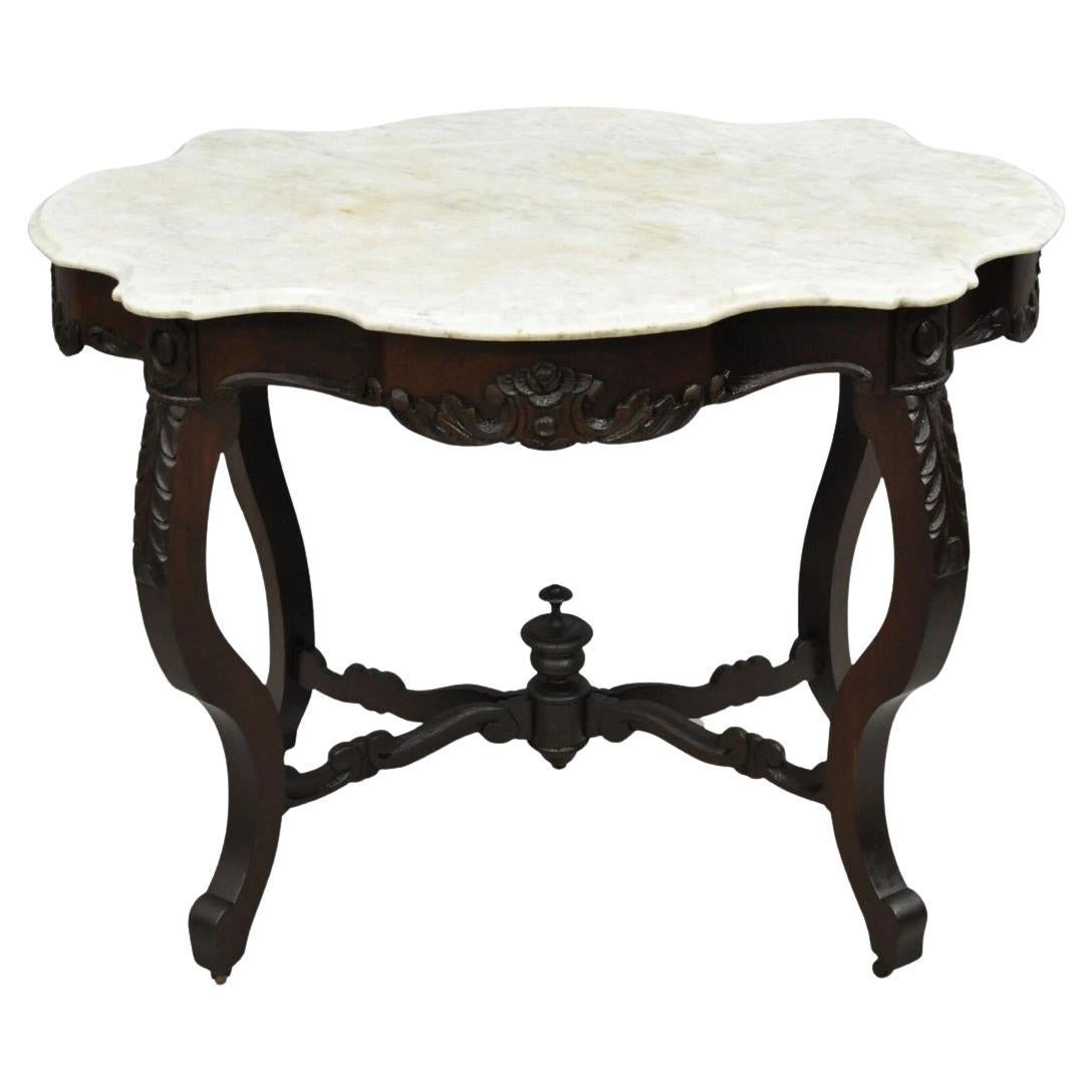 Antique Victorian Marble Turtle Top Mahogany Wood Parlor Center Table For Sale