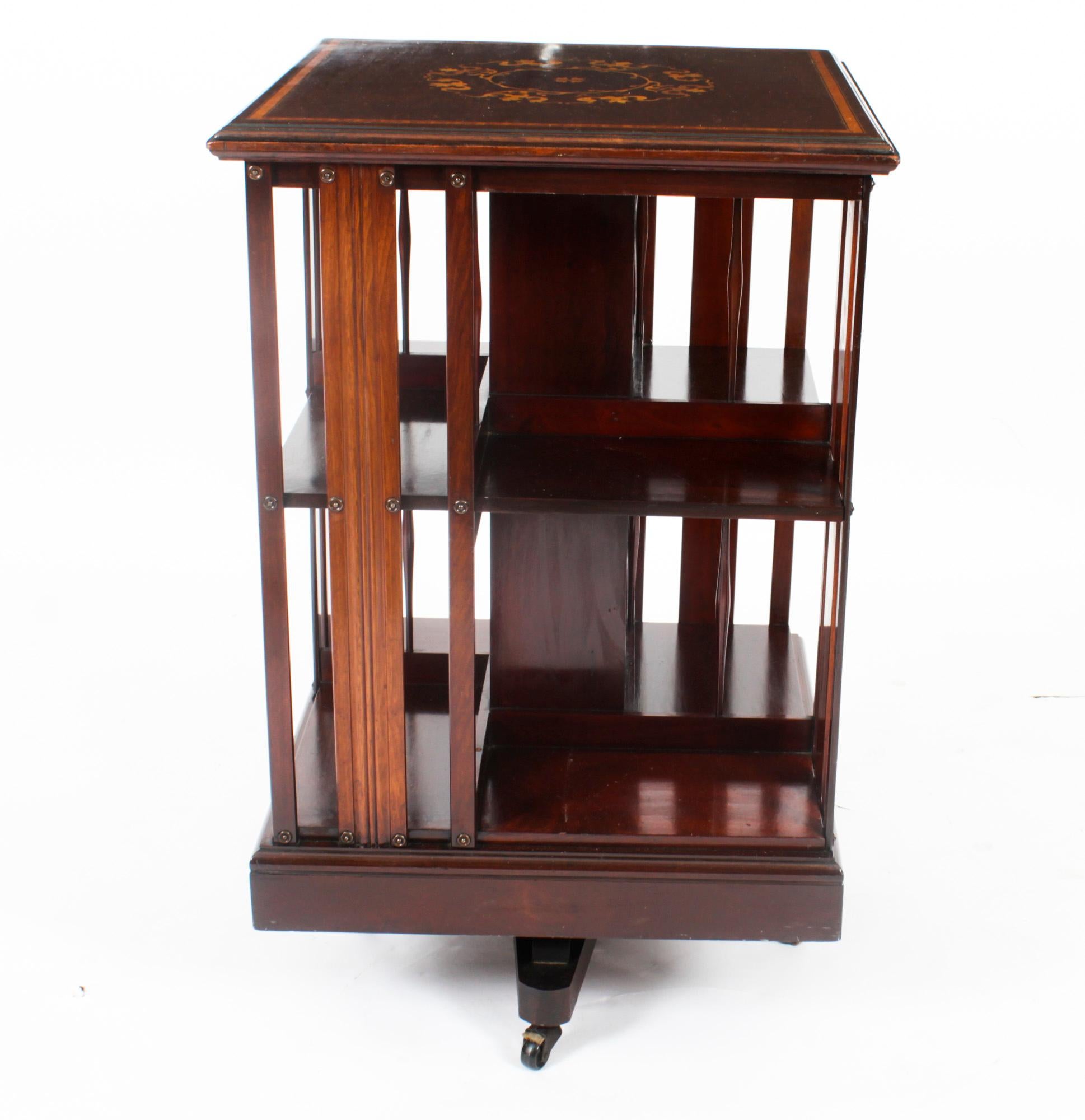 English Antique Victorian Marquetry Inlaid Revolving Bookcase 19th C