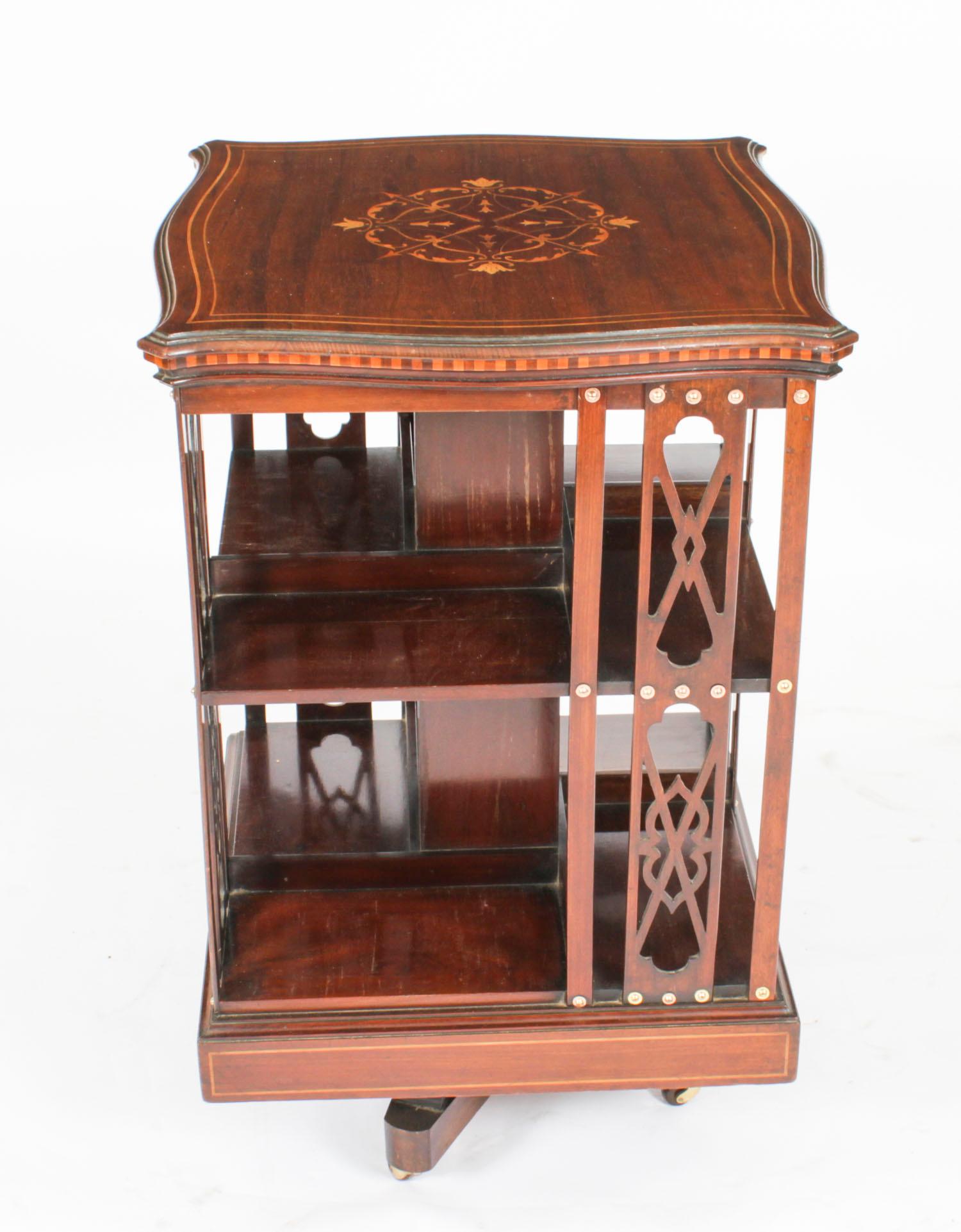 Late Victorian Antique Victorian Marquetry Inlaid Revolving Bookcase 19th Century