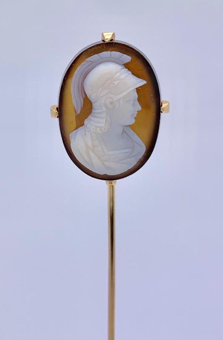 The oval cameo shows a profile carving of Mars in an 18k gold mount and pin. This piece of jewellery was made in France around 1870-1880.