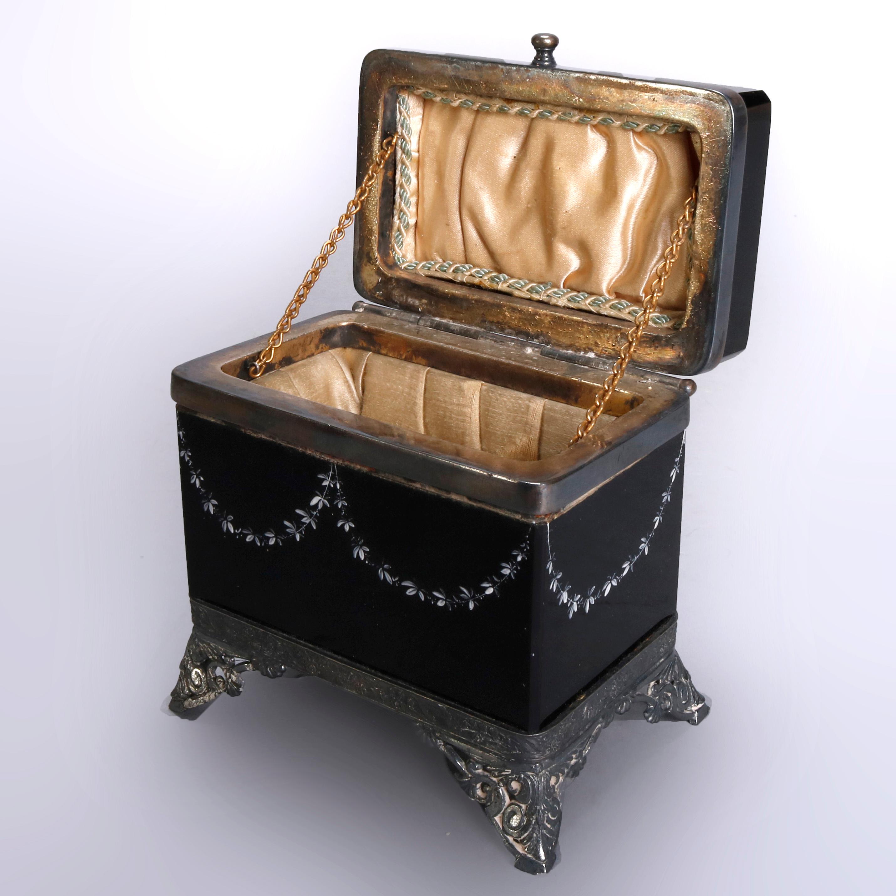 Hand-Painted Antique Victorian Mary Gregory Black Amethyst Dresser Box, circa 1890