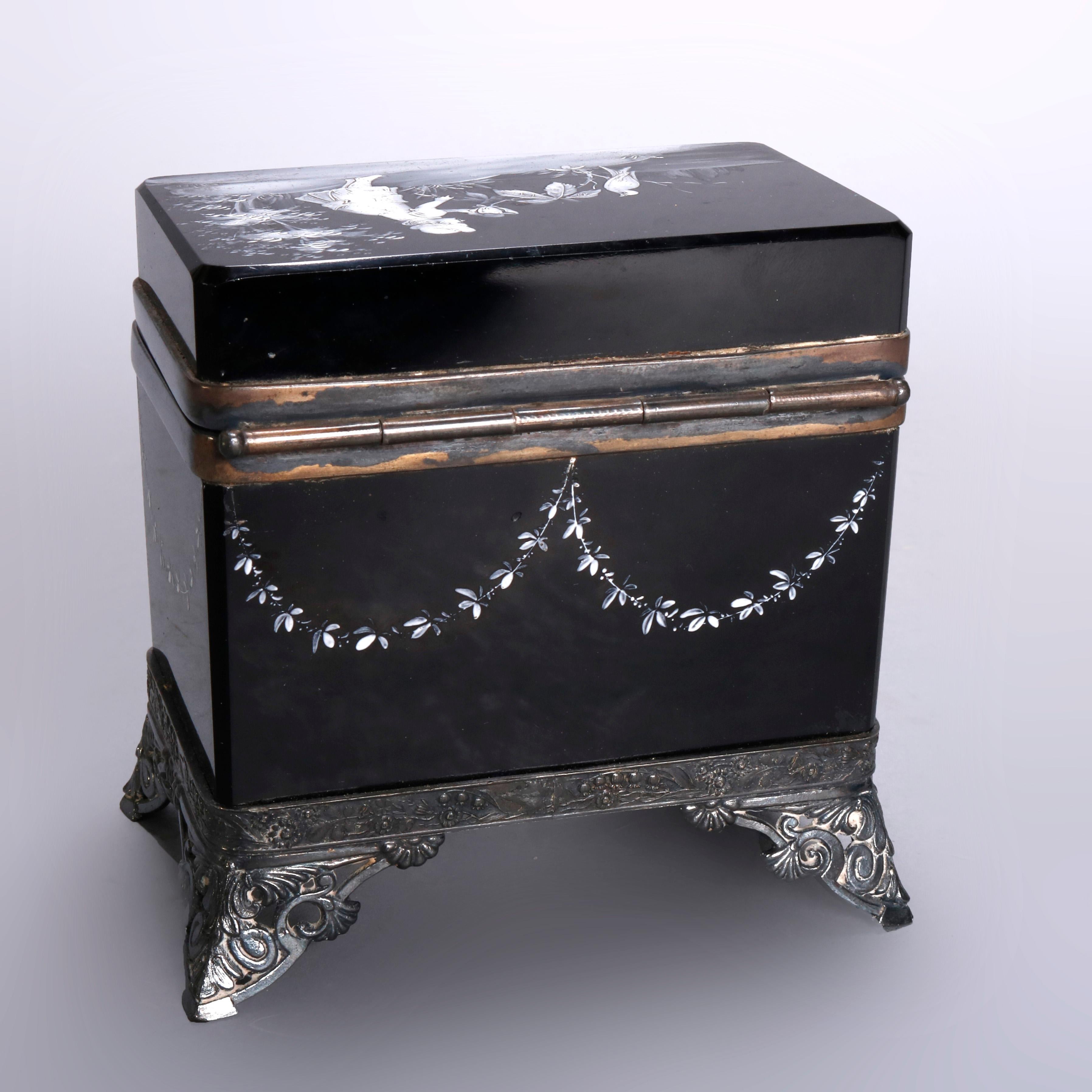 Antique Victorian Mary Gregory Black Amethyst Dresser Box, circa 1890 In Good Condition In Big Flats, NY