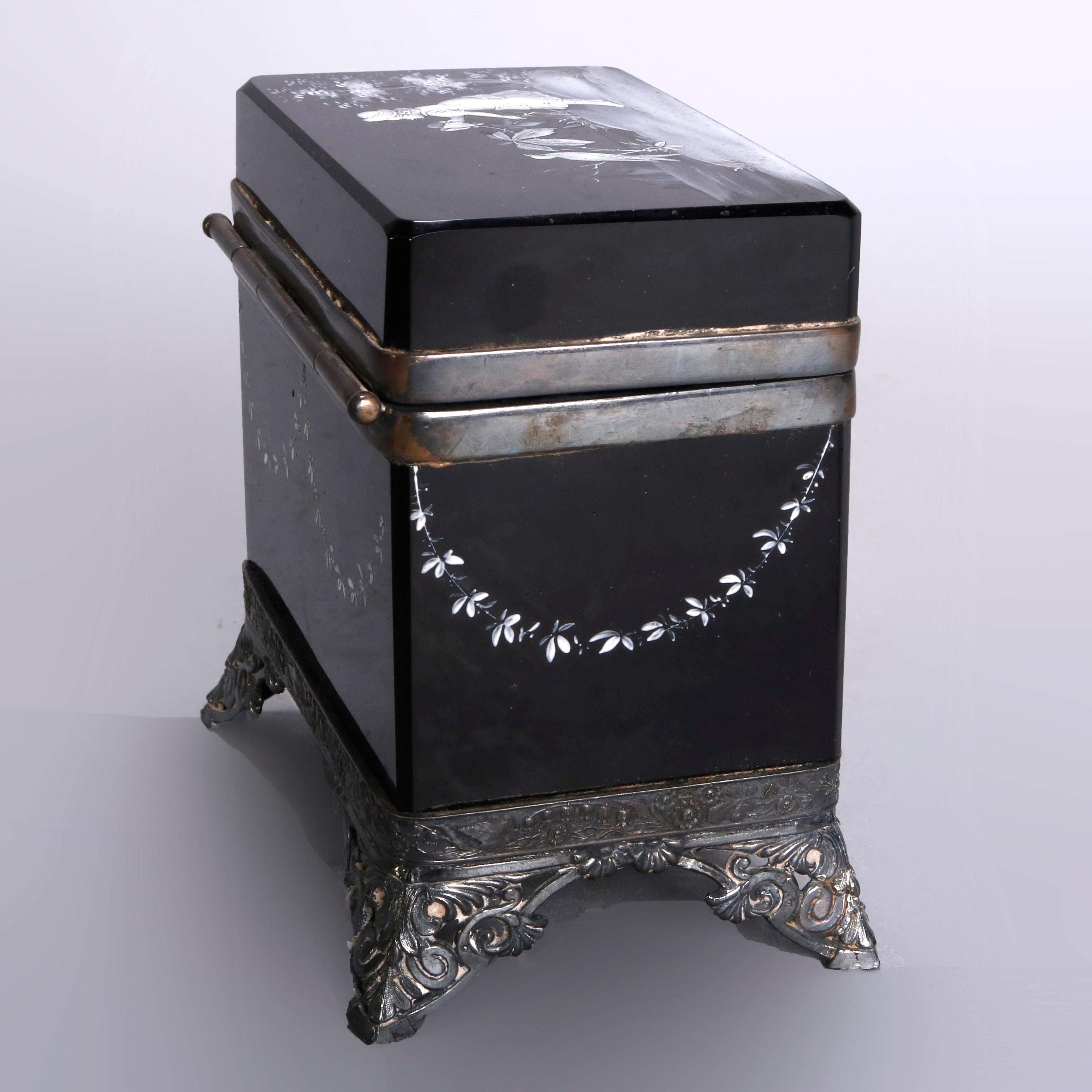 Metal Antique Victorian Mary Gregory Black Amethyst Dresser Box, circa 1890