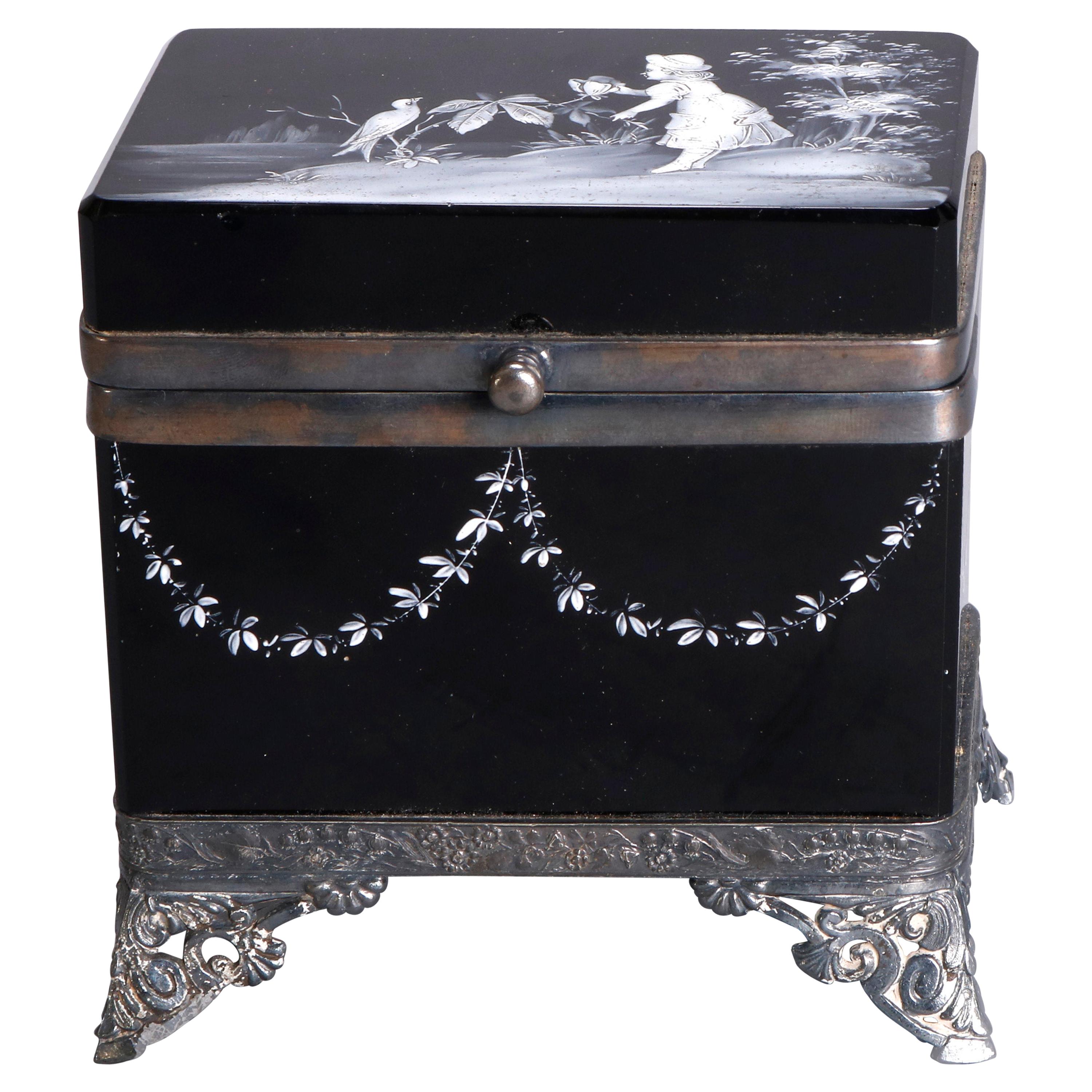 Antique Victorian Mary Gregory Black Amethyst Dresser Box, circa 1890