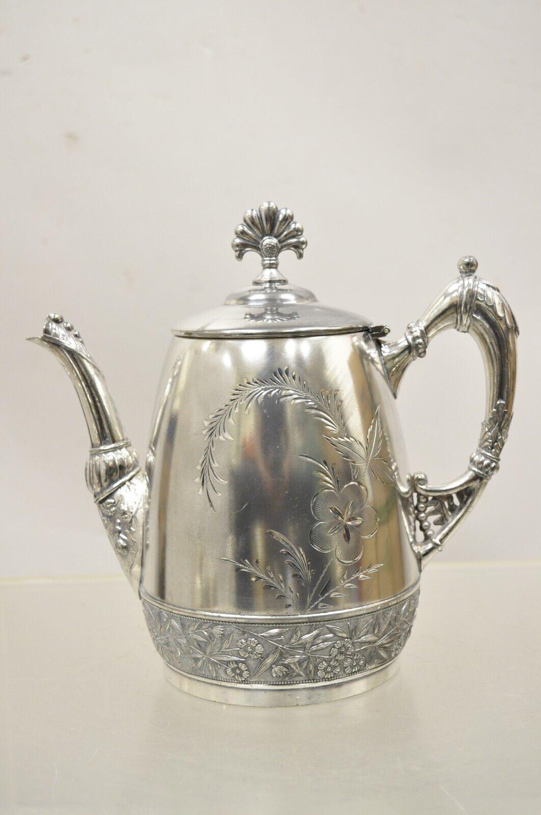 Antique Victorian Mead & Robbins Silver Plated Floral Repousse Teapot.  item features he original hallmark. Circa Early 1900s
Measurements: 9
