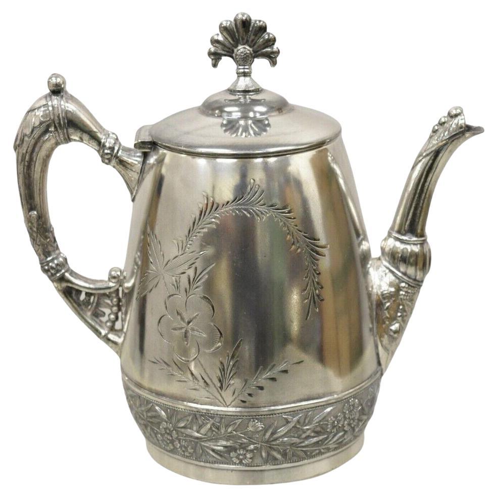 Antique Victorian Mead & Robbins Silver Plated Floral Repousse Teapot For Sale