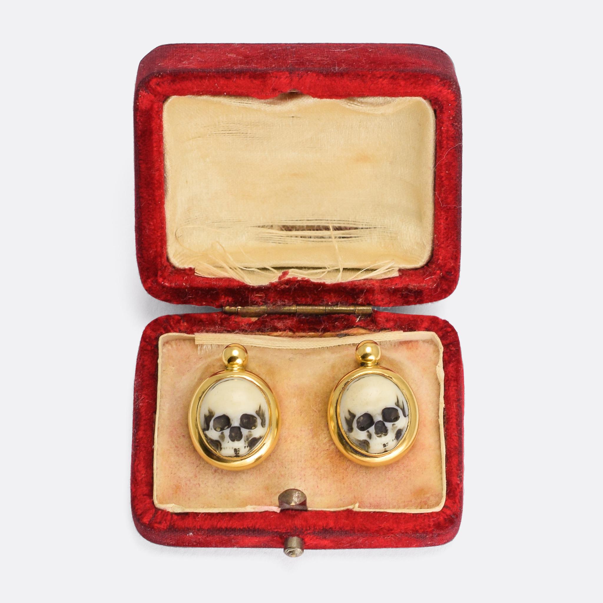 A particularly cool pair of Memento Mori skull earrings dating from the mid-Victorian period. The skulls are formed from enamel, and mounted in 15 karat gold.

Since ancient times, people have reflected on the brevity of life: The Greek Stoic