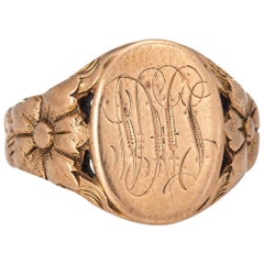 Antique Victorian Men’s Signet Ring Vintage 10 Karat Rose Gold Oval Chased Mount