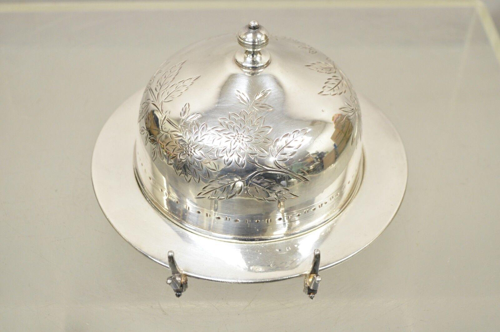Antique Victorian Meriden B. Company 1972 Silver Plated Victorian Butter Dish. Item features a floral Etched Design, Domed Lid, Original Hallmark, Made in USA. Circa Mid 20th Century. Measurements: 5