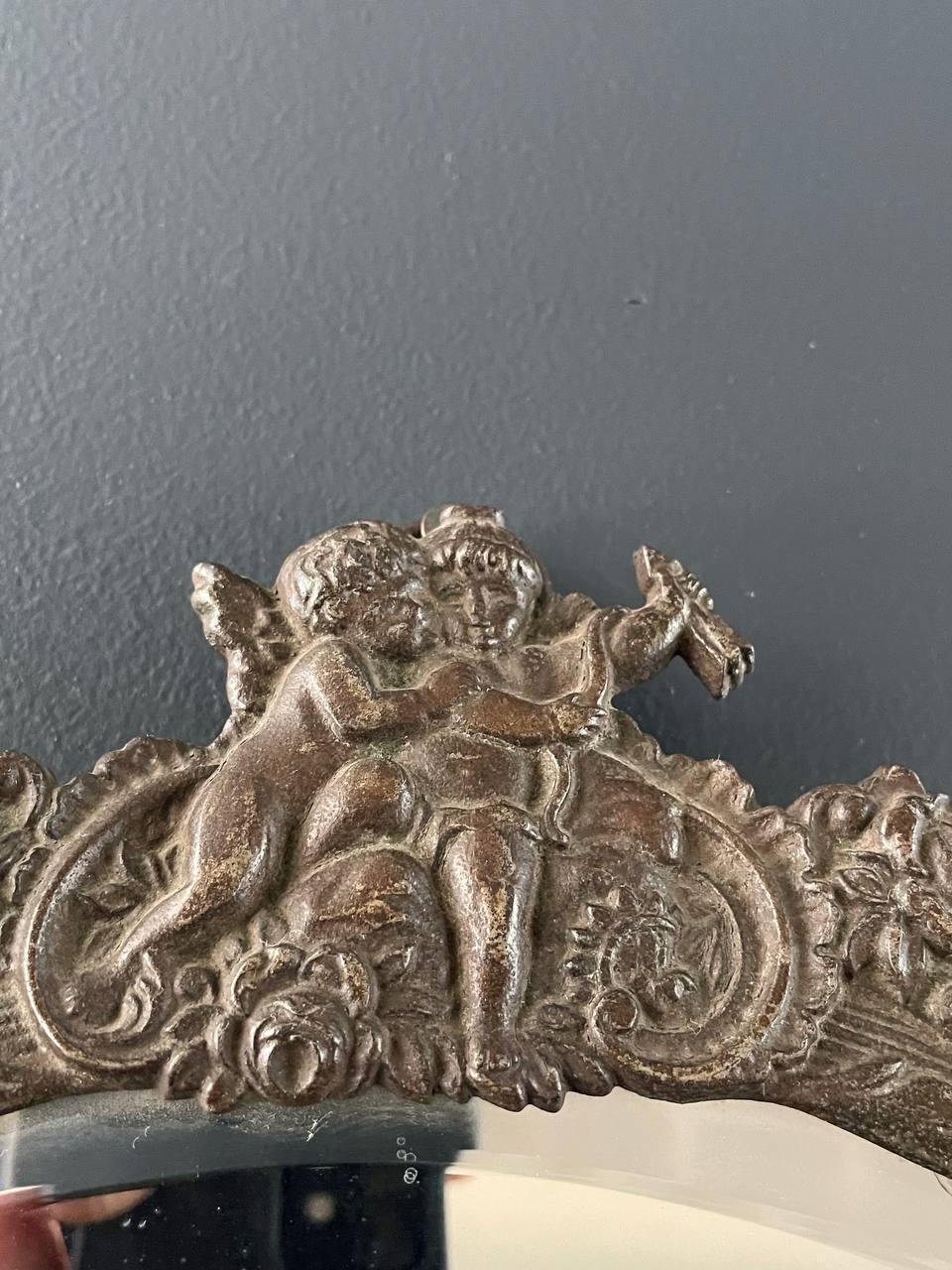Antique Victorian Metal Vanity or Wall Mirror with Cherub Details For Sale 4