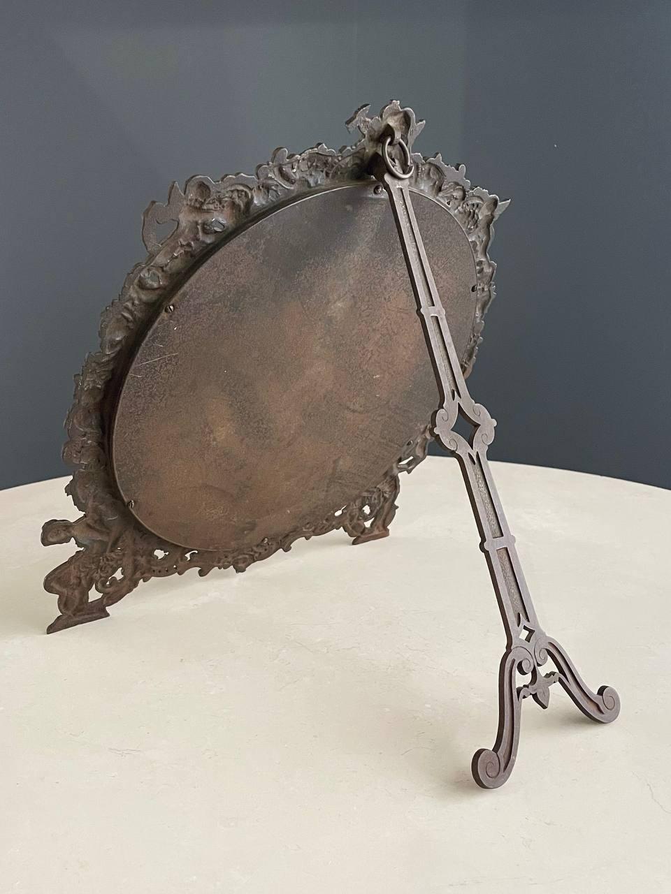 American Antique Victorian Metal Vanity or Wall Mirror with Cherub Details For Sale