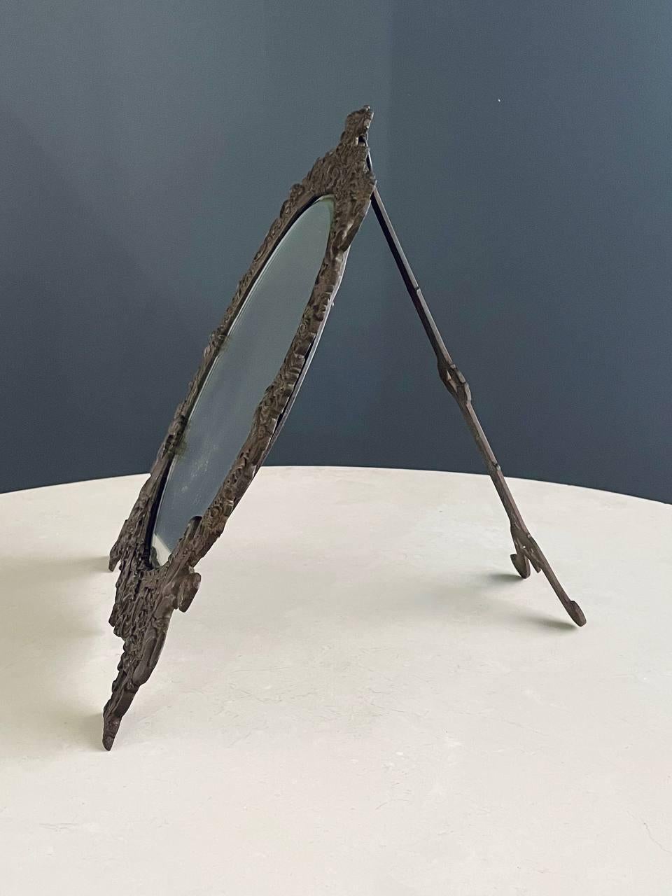Antique Victorian Metal Vanity or Wall Mirror with Cherub Details In Good Condition For Sale In Los Angeles, CA