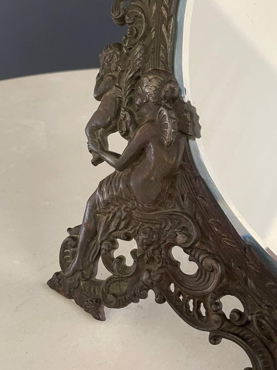 Early 20th Century Antique Victorian Metal Vanity or Wall Mirror with Cherub Details For Sale