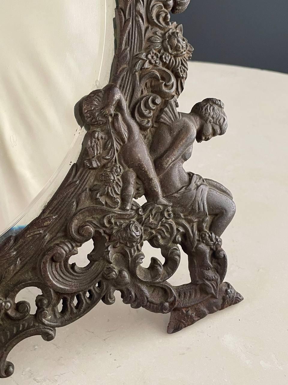 Silver Plate Antique Victorian Metal Vanity or Wall Mirror with Cherub Details For Sale