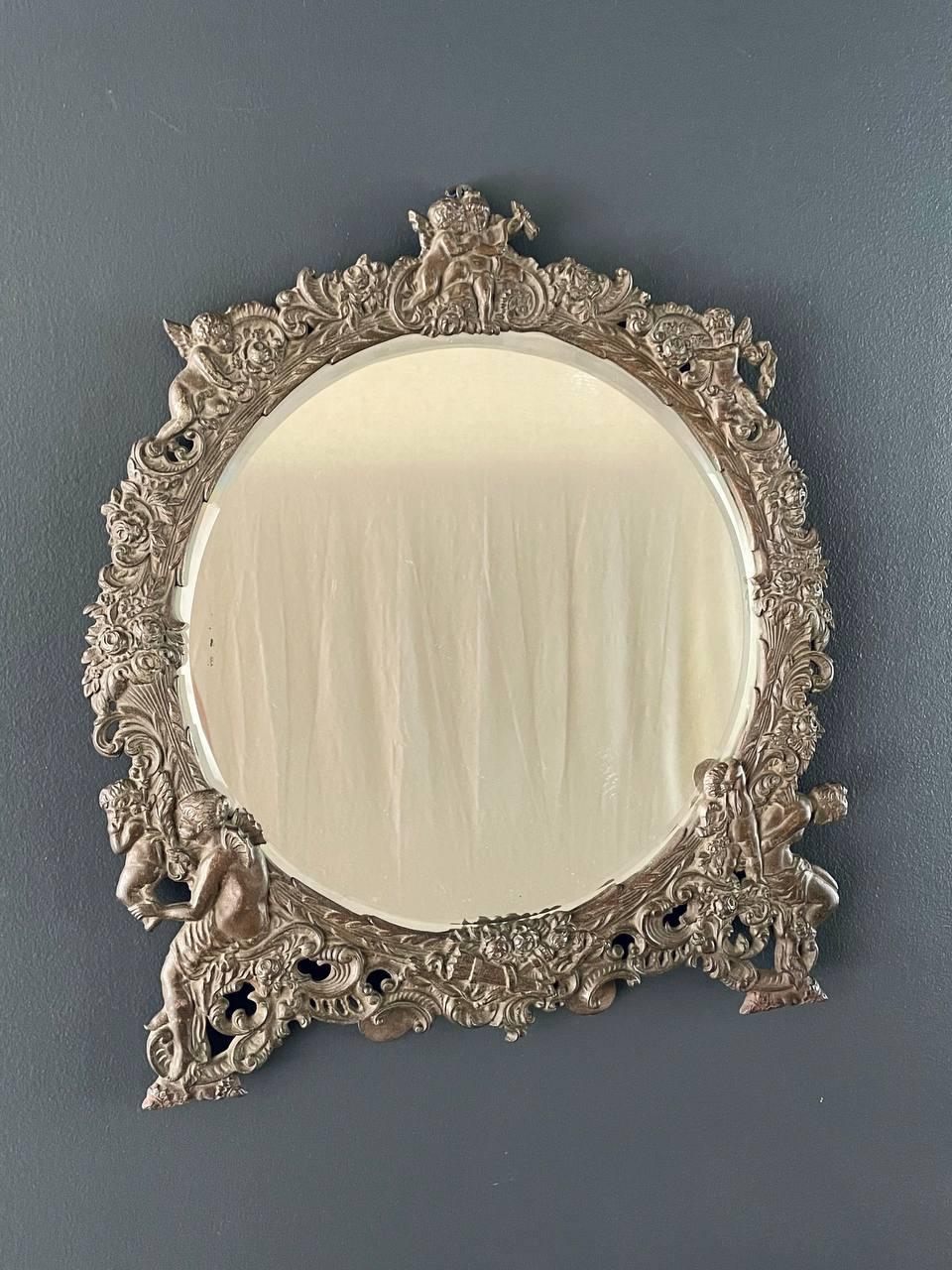 Antique Victorian Metal Vanity or Wall Mirror with Cherub Details For Sale 2