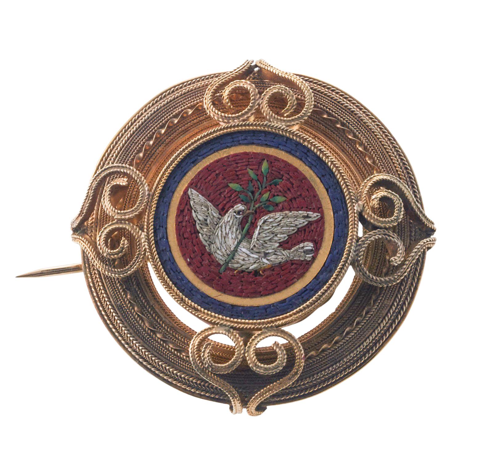 Femenino o masculino Colgante Broche de Oro Antiguo Victoriano Micro Mosaico Adorno Pájaro en venta