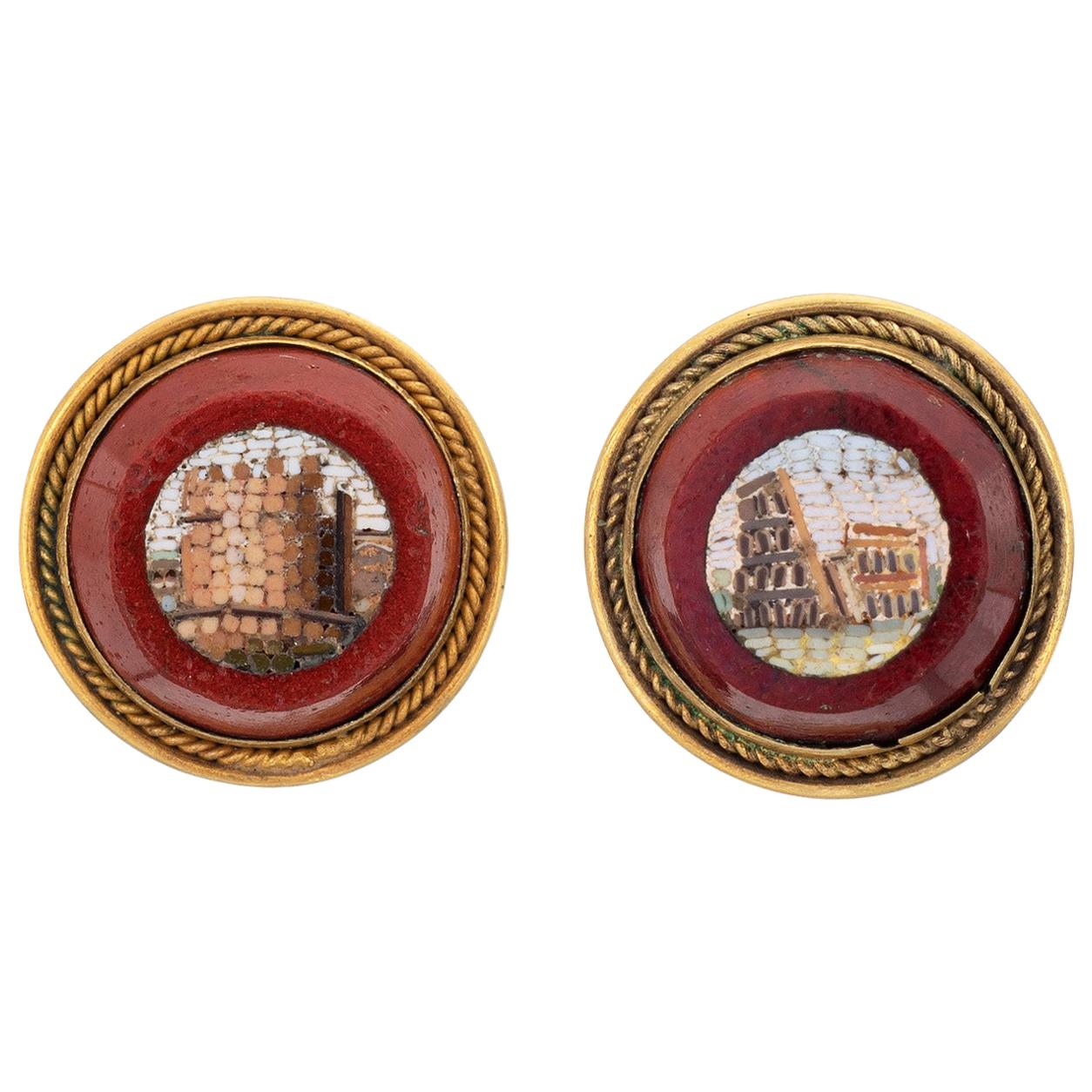 Antique Victorian Micro Mosaic Earrings 18 Karat Gold Roman Scene Jewelry, Rome