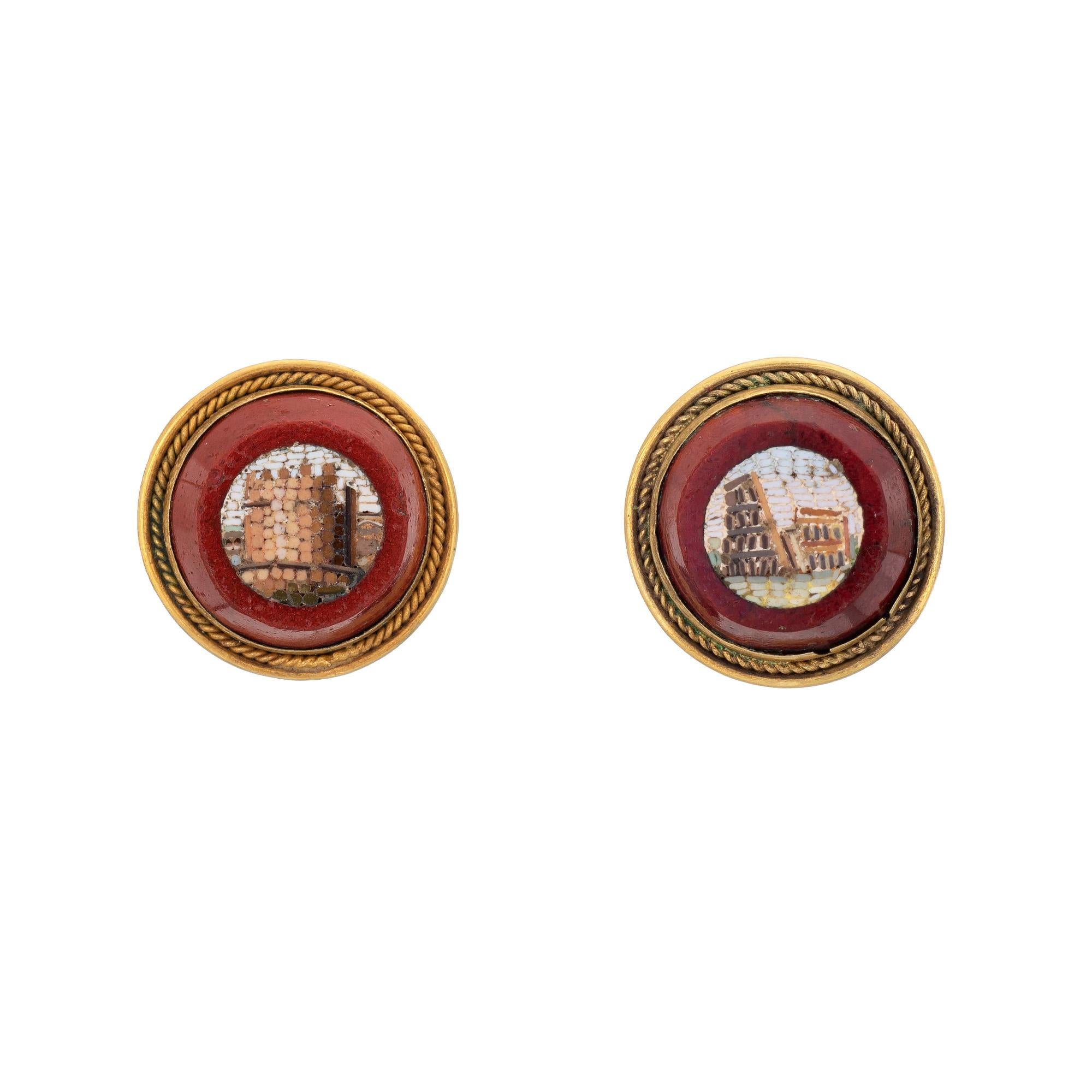 Women's Antique Victorian Micro Mosaic Earrings 18 Karat Gold Roman Scene Jewelry, Rome