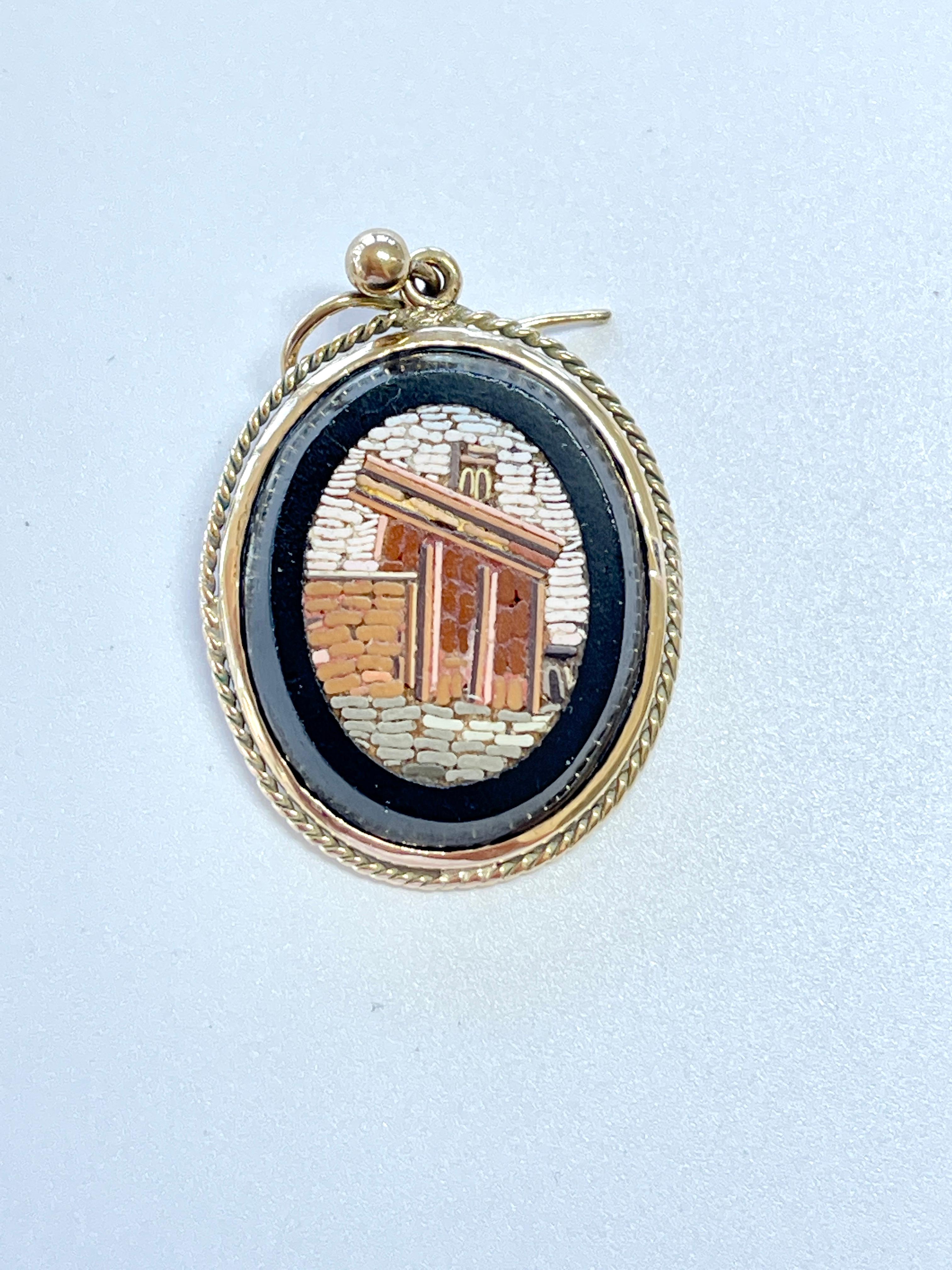 Antique Victorian Micro Mosaic Earrings Roman Ruins 15ct Yellow Gold c1880s Rare In Good Condition For Sale In Mona Vale, NSW