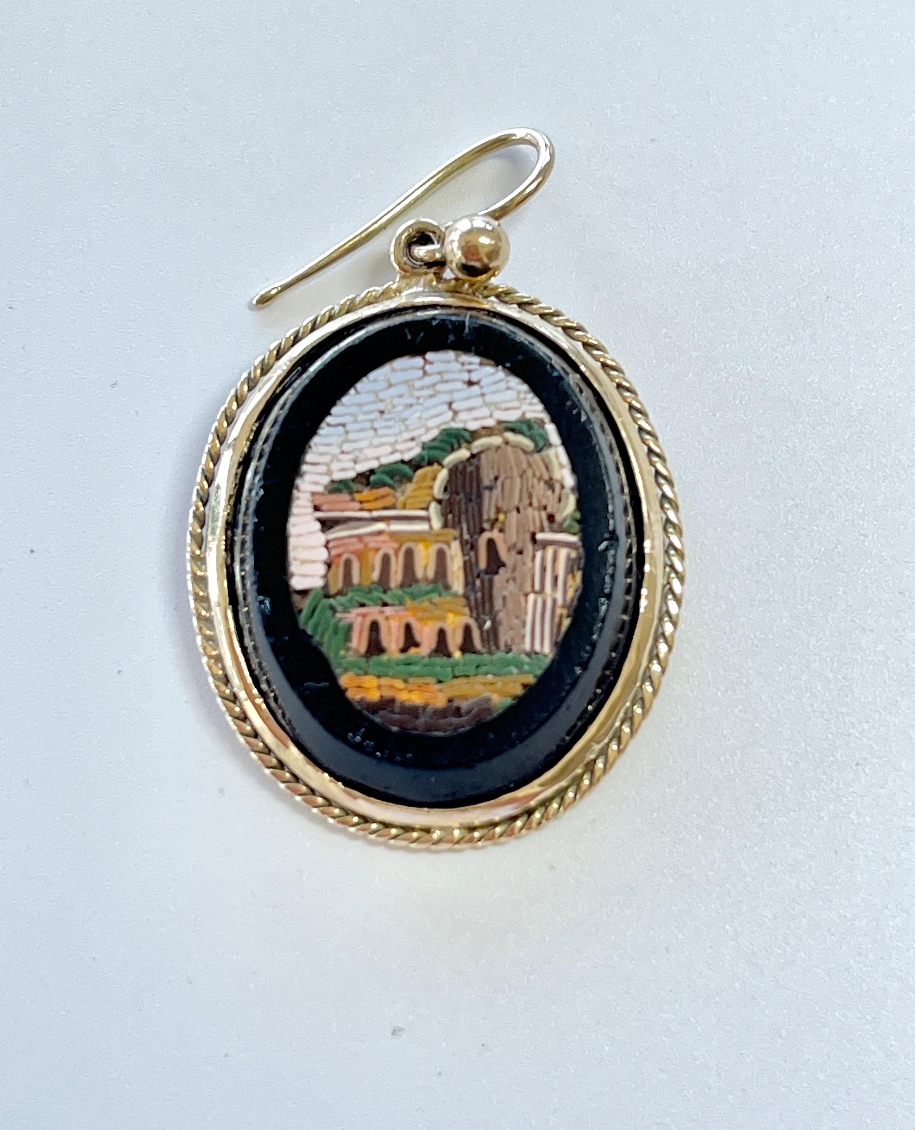 Women's Antique Victorian Micro Mosaic Earrings Roman Ruins 15ct Yellow Gold c1880s Rare For Sale