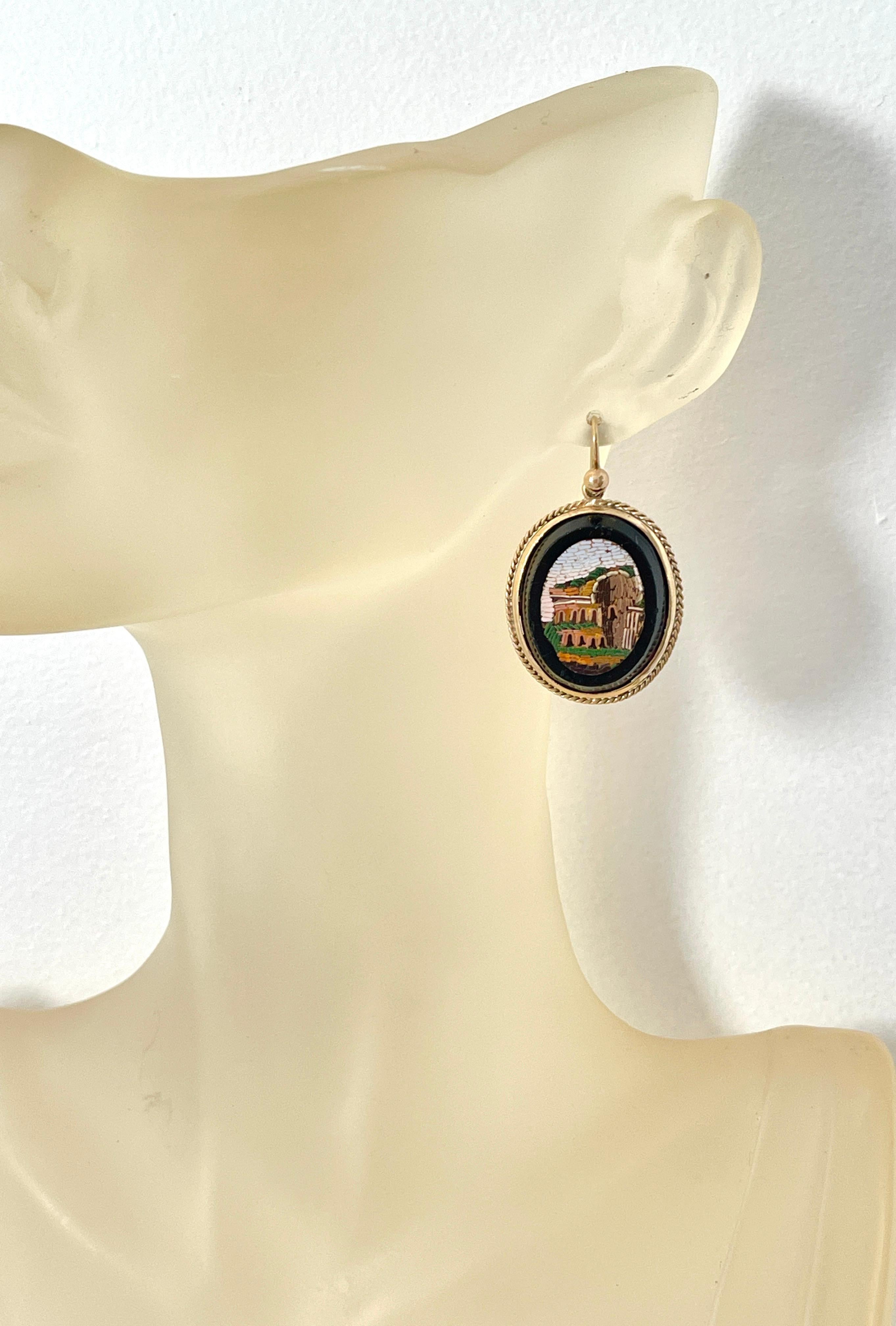 Antique Victorian Micro Mosaic Earrings Roman Ruins 15ct Yellow Gold c1880s Rare For Sale 3