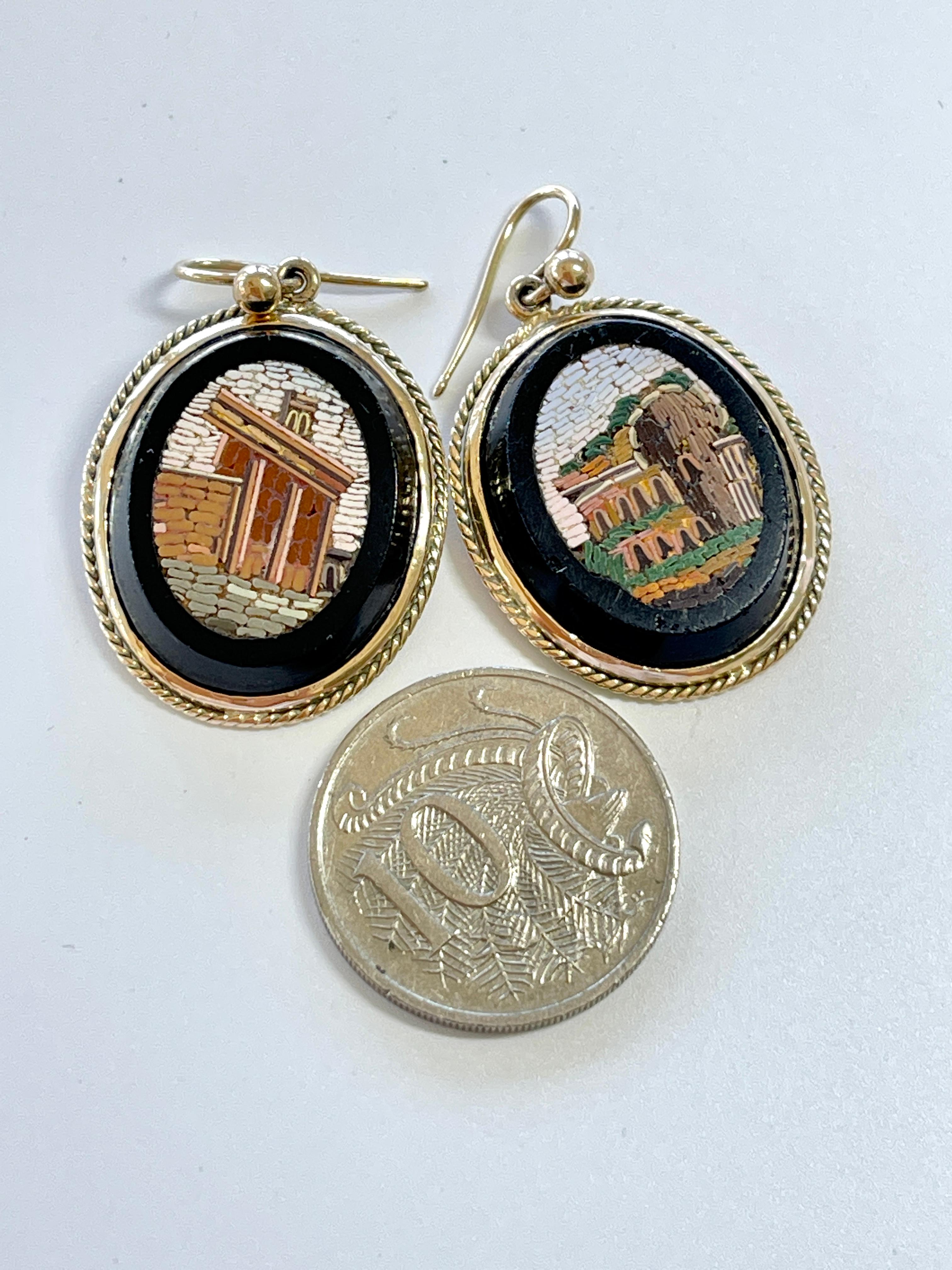 Antique Victorian Micro Mosaic Earrings Roman Ruins 15ct Yellow Gold c1880s Rare For Sale 4